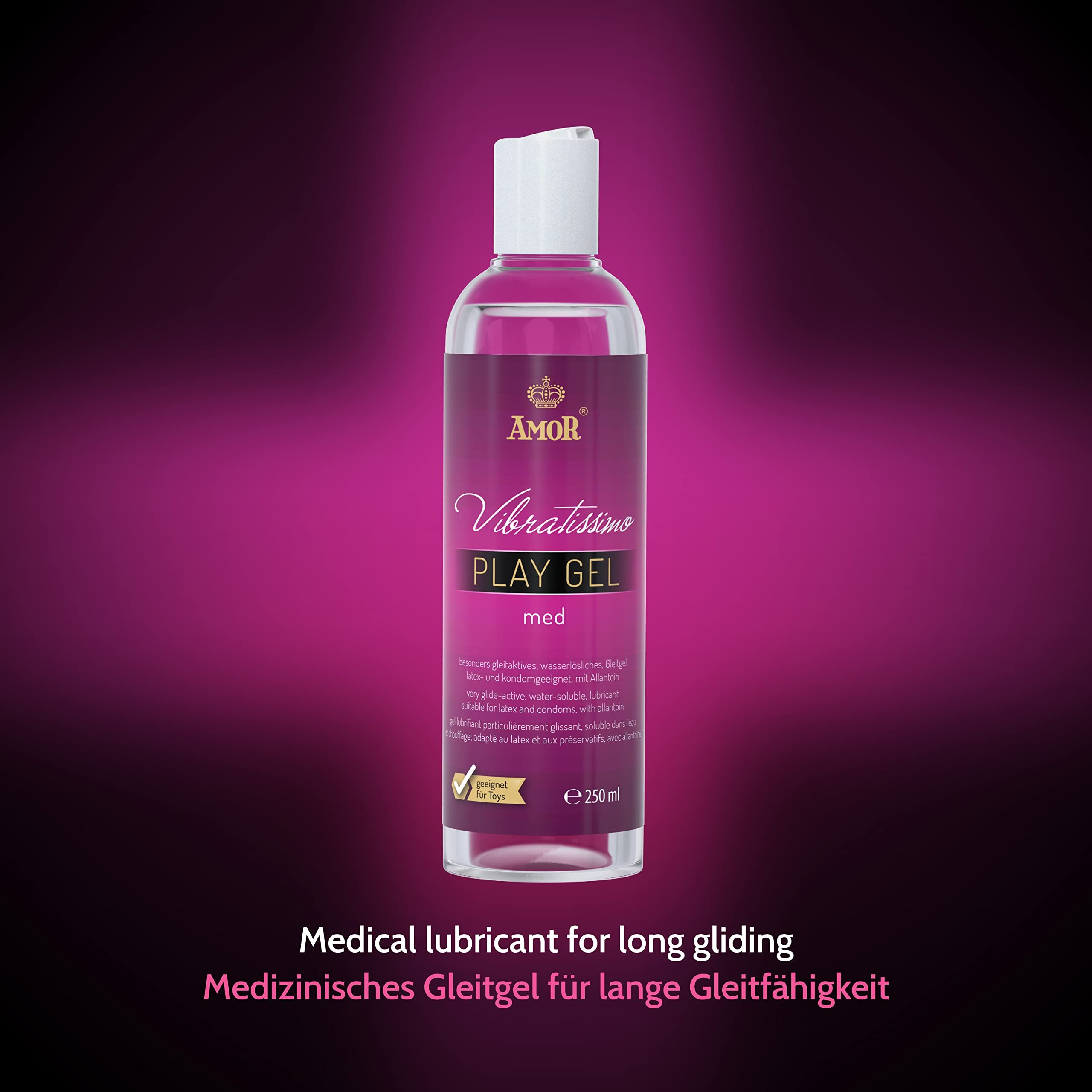 Flasche Vibratissimo Play Gel Warming auf lila Hintergrund. Medizinisch, gleitfähig.