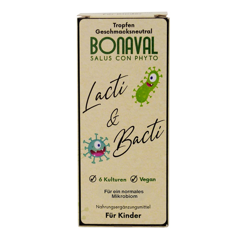 Karton mit Aufschrift BONAVAL Lacti & Bacti, Nahrungsergänzungsmittel für Kinder. Enthält 6 Kulturen, Vegan. Tropfen, geschmacksneutral.
