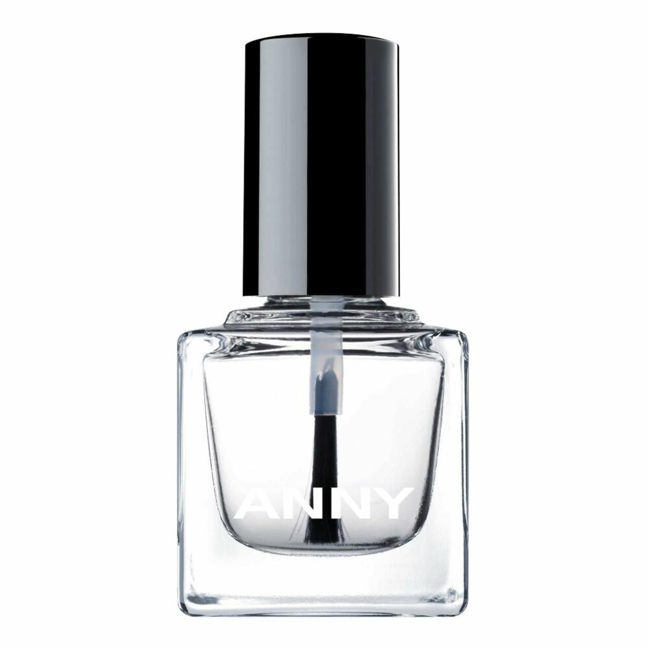 Klare Nagellackflasche mit schwarzem Deckel und Pinsel. Aufschrift "ANNY" auf der Vorderseite.