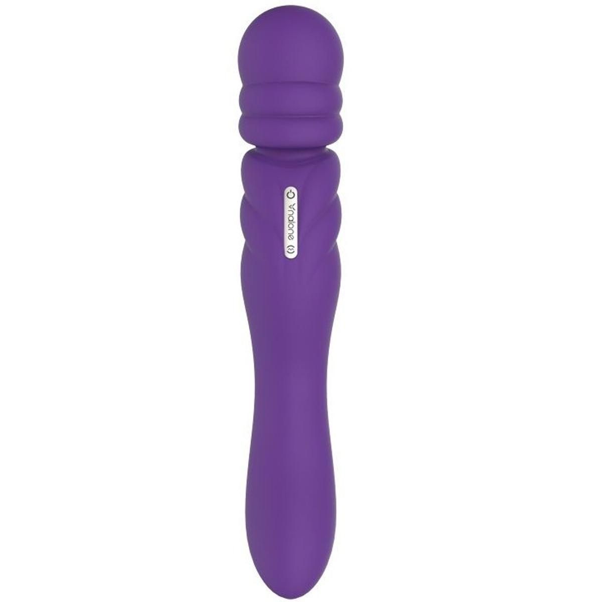 Lila Massagegerät mit geriffelter Spitze und glattem Schaft. Mit Logo.