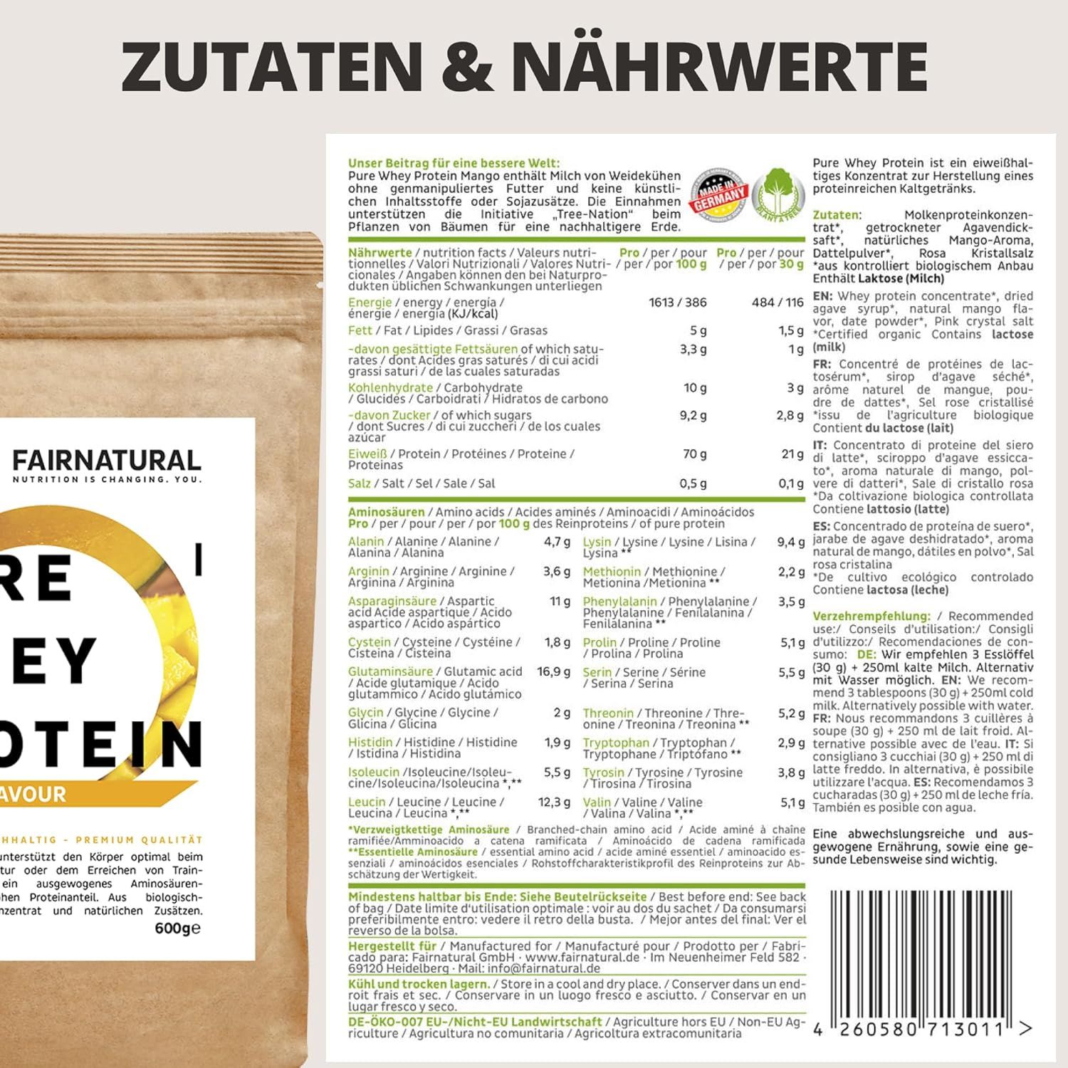 Nährwerttabelle und Zutatenliste auf einem Beutel Pure Whey Protein. Text: 600g, Aminosäuren, Proteine, Kohlenhydrate, Fette, Salz, Energie.