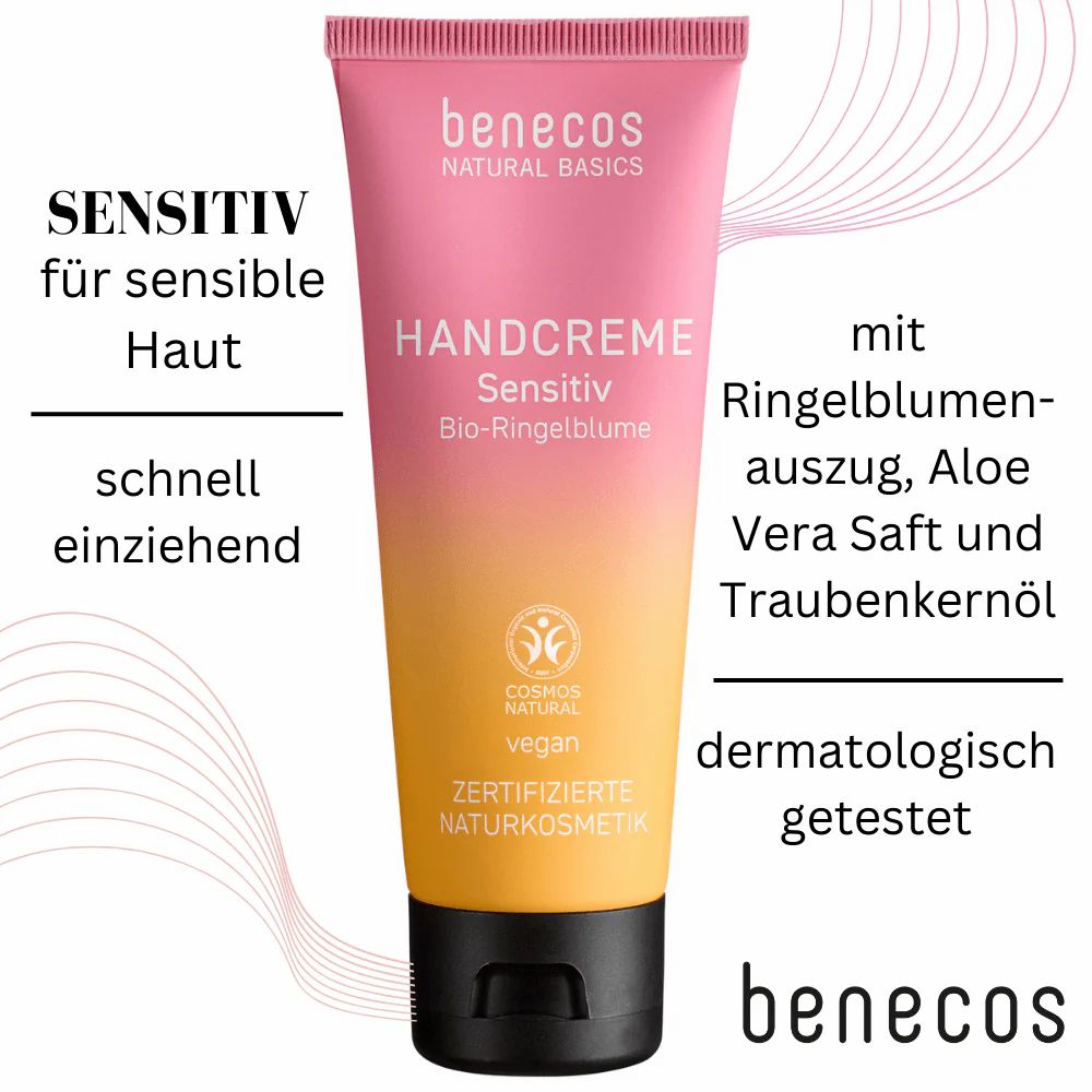 Benecos Handcreme Sensitiv Bio-Ringelblume Tube. Mit Ringelblumen-Auszug, Aloe Vera Saft und Traubenkernöl. Dermatologisch getestet.