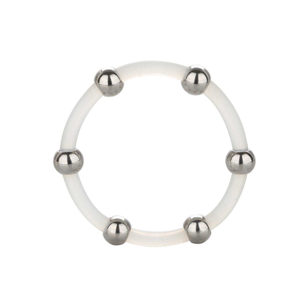 Ein weißer, flexibler Ring mit sechs silbernen Kugeln, die gleichmäßig verteilt sind.
