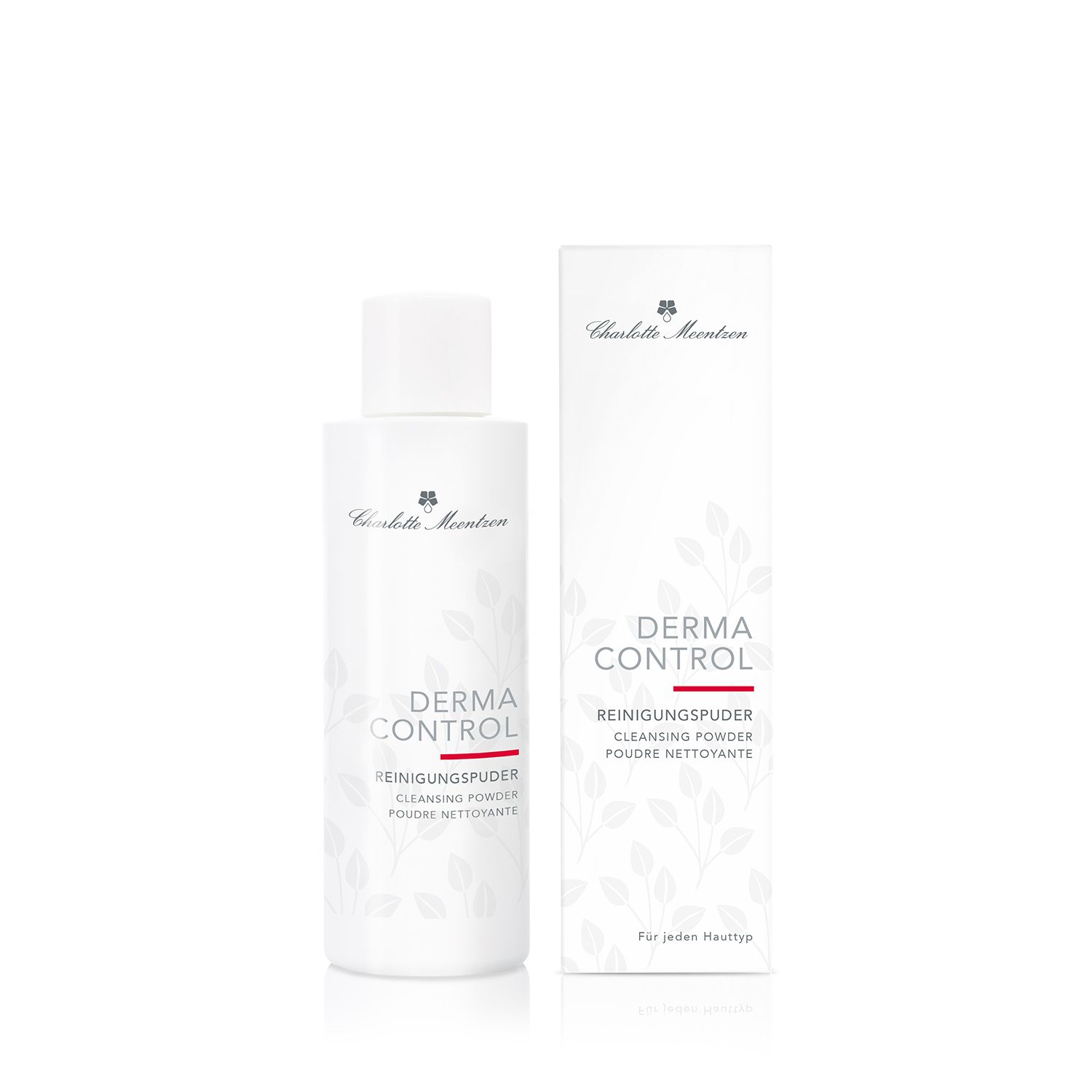 Flasche und Verpackung. Aufschrift: Derma Control Reinigungspuder. Marke Charlotte Meentzen.