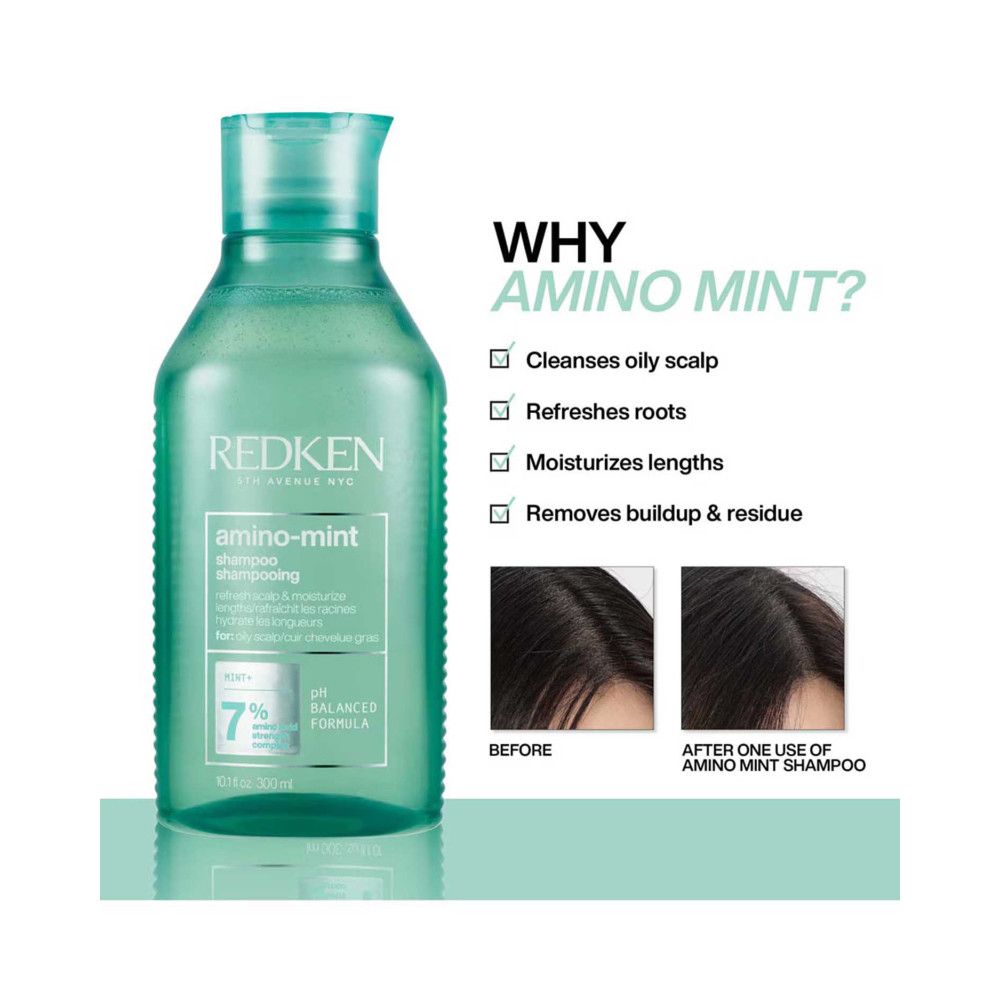 Redken Amino Mint Shampoo, Flasche und Text. Reinigt fettige Kopfhaut, erfrischt die Ansätze, spendet Feuchtigkeit.