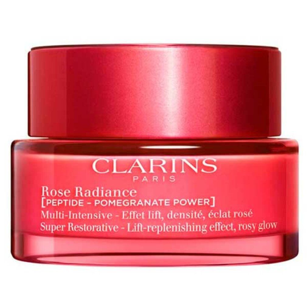 Rote Creme-Dose mit Deckel. Aufschrift: CLARINS PARIS, Rose Radiance, [PEPTIDE - POMEGRANATE POWER].