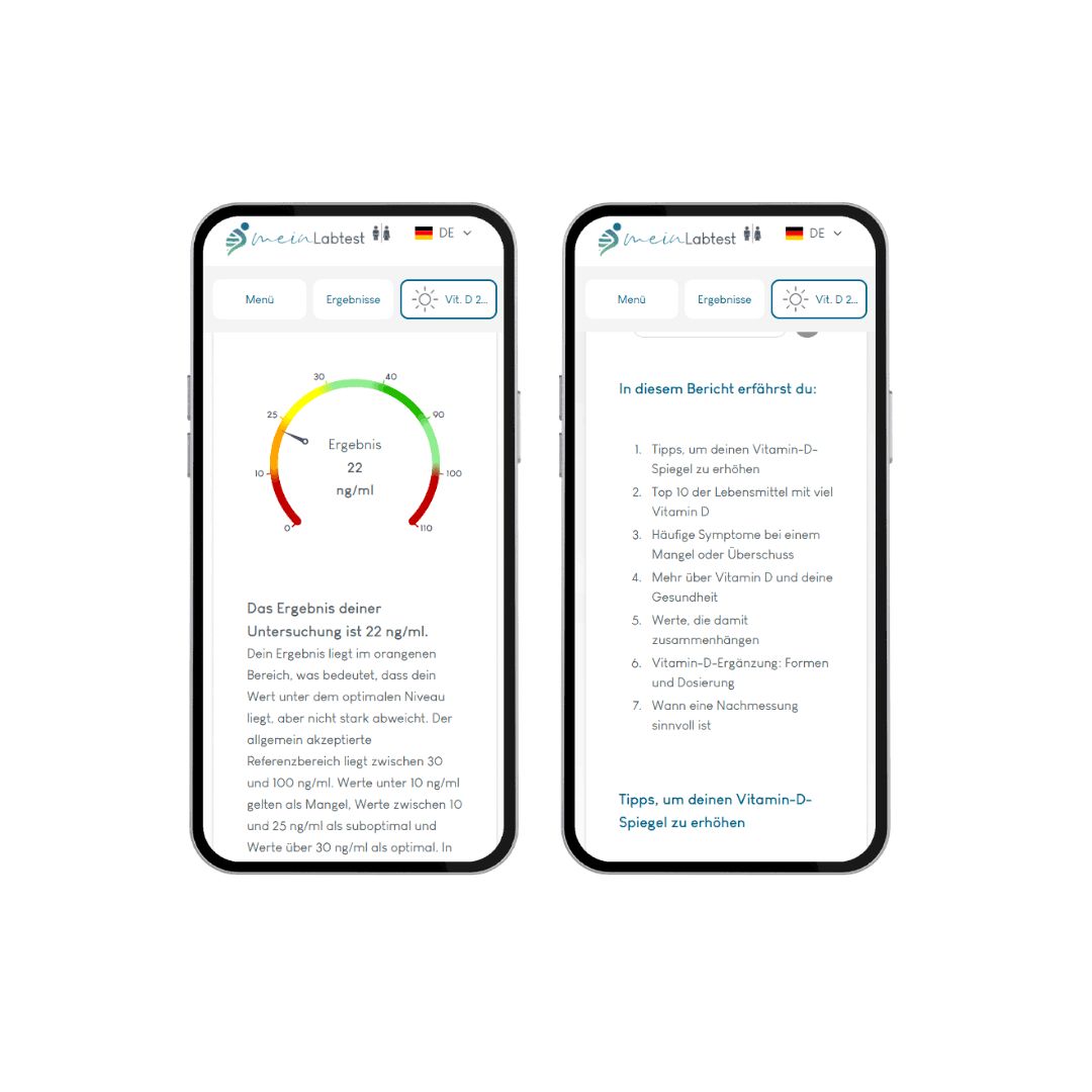Zwei Smartphones mit Testergebnissen. Das meinLabtest Logo ist auf beiden Smartphones zu sehen.