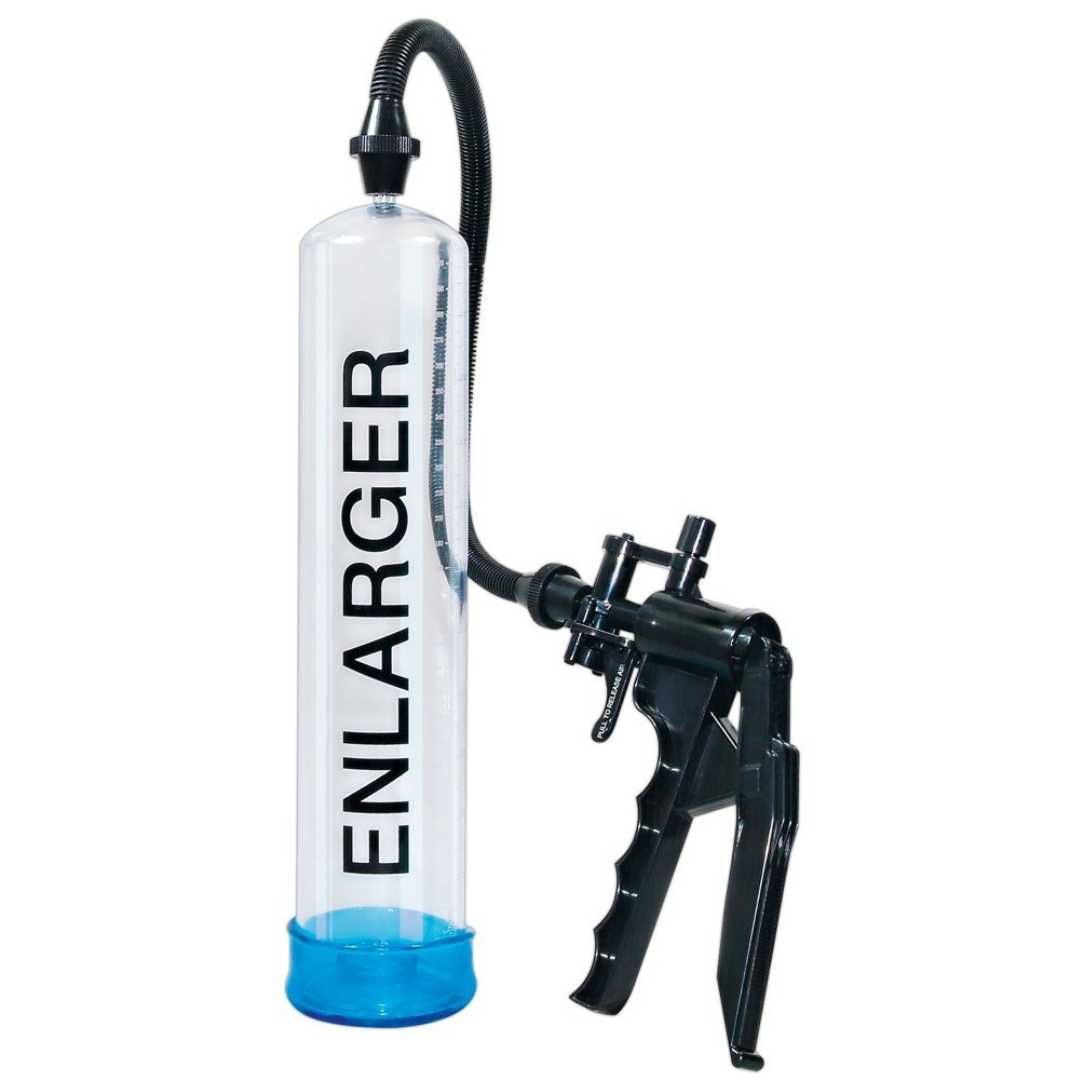 Vakuumpumpe mit Mess-Skala, schwarzem Griff und Schlauch. Zylinder mit Schriftzug „ENLARGER“. Blaue Basis.
