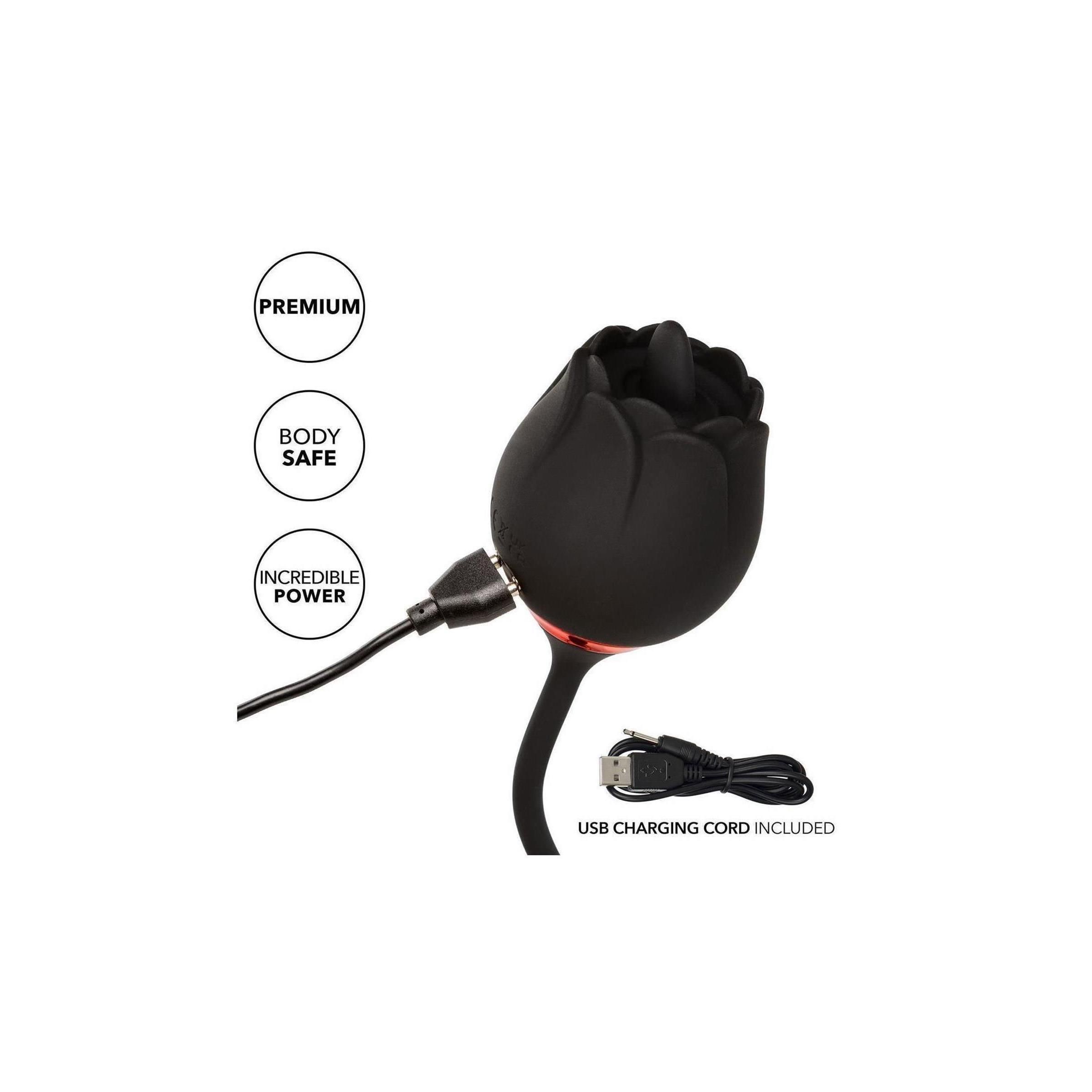 Schwarzer Rosenkopf mit USB-Anschluss. USB-Ladekabel enthalten. Aufschriften: Premium, Body Safe, Incredible Power.