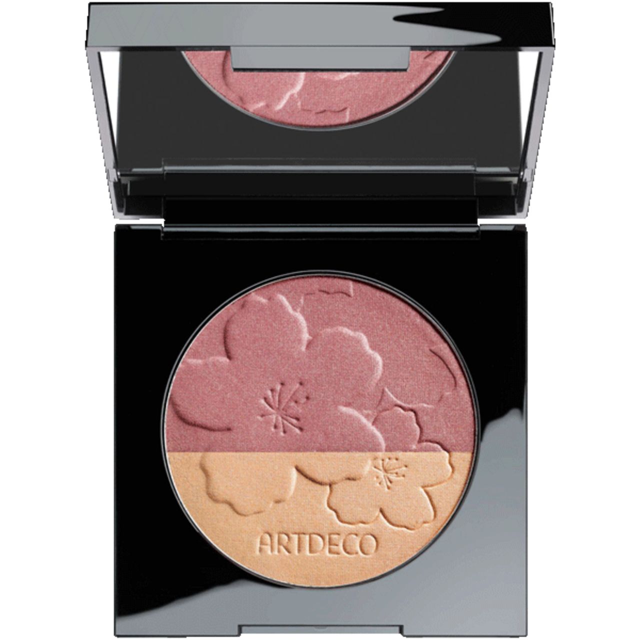Blusher mit zwei Farbtönen, Blütenmuster. Schwarzer Behälter, Spiegel, ARTDECO Schriftzug.