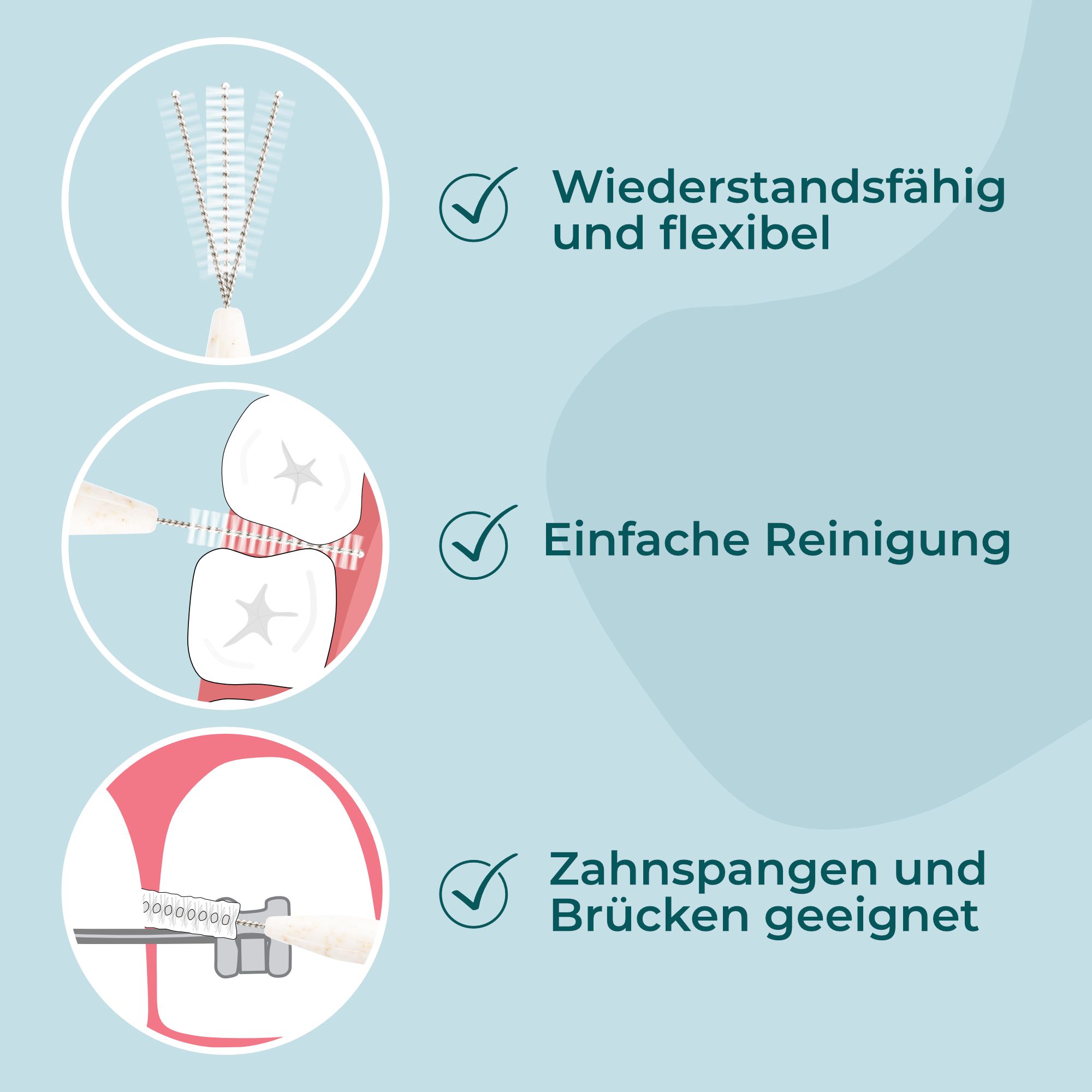 Illustrationen: Interdentalbürste, Reinigung zwischen Zähnen, Reinigung bei Zahnspangen. Texte: Widerstandsfähig, einfache Reinigung, geeignet.