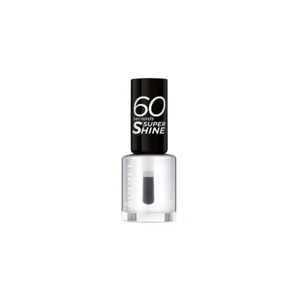 Klare Nagellackflasche mit schwarzem Deckel. Aufschrift: 60 seconds SUPER SHINE, Rimmel London, 740 Clear.