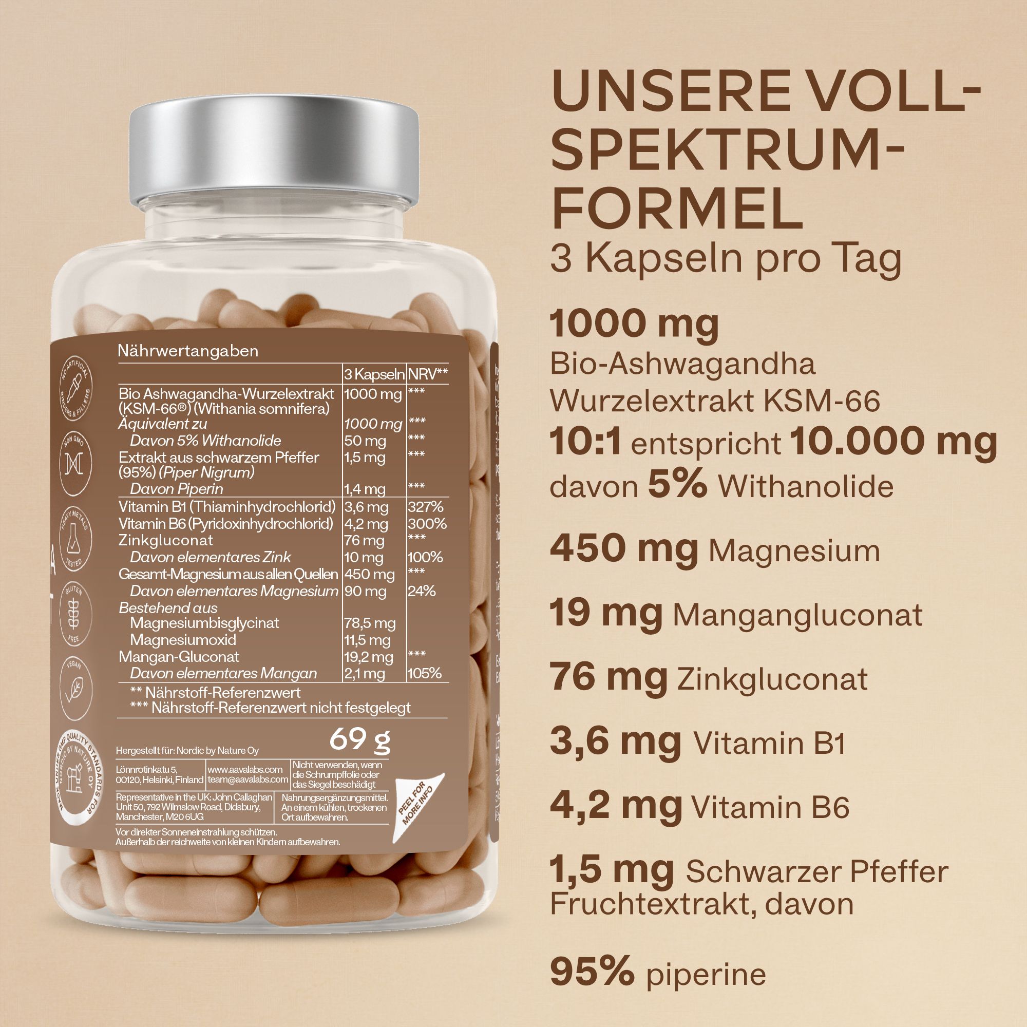 Nährwertangaben auf braunem Hintergrund. Aufschrift: 1000 mg Bio-Ashwagandha, 450 mg Magnesium, 120 Kapseln.