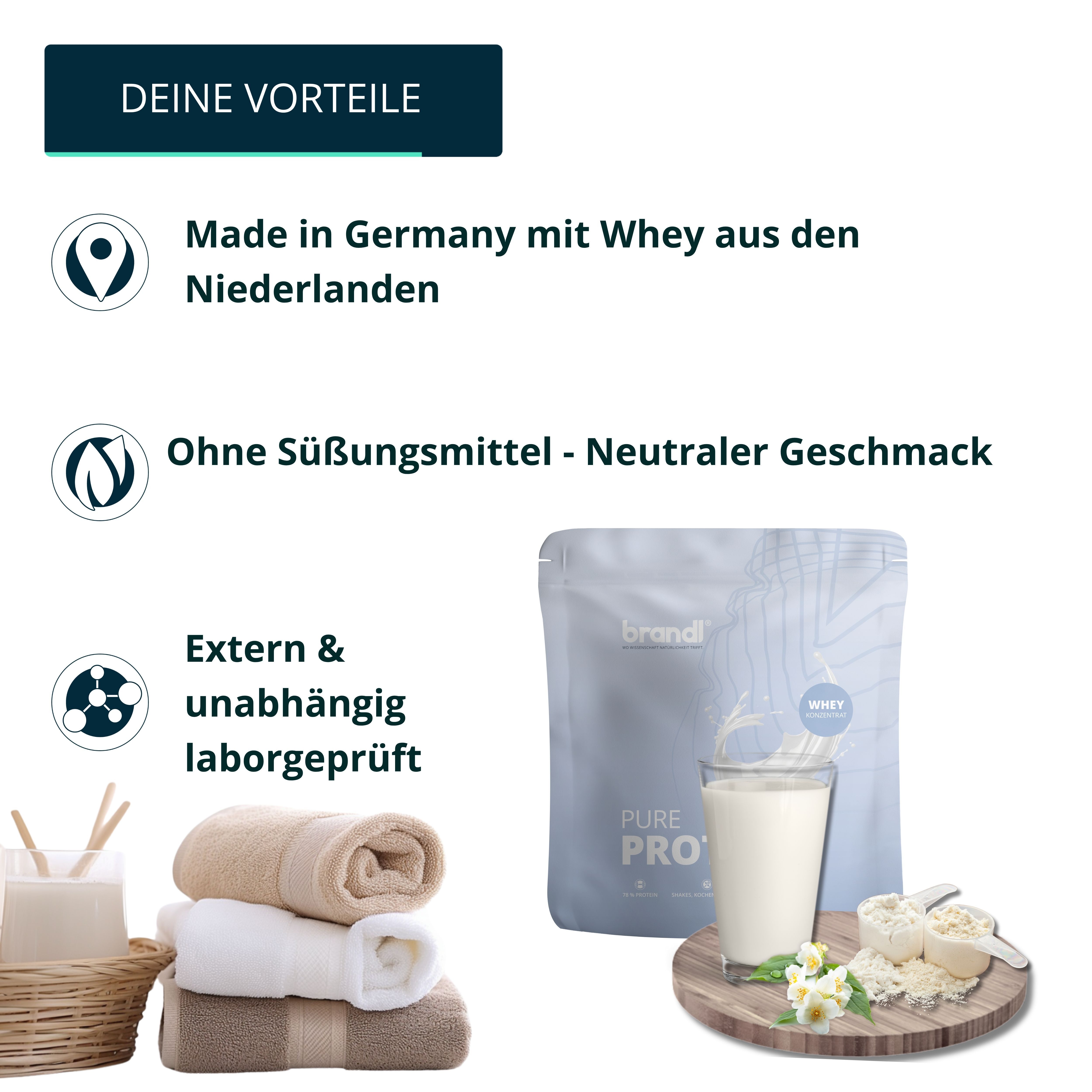 Produktabbildung mit Text: "Made in Germany mit Whey aus den Niederlanden", "Ohne Süßungsmittel - Neutraler Geschmack".