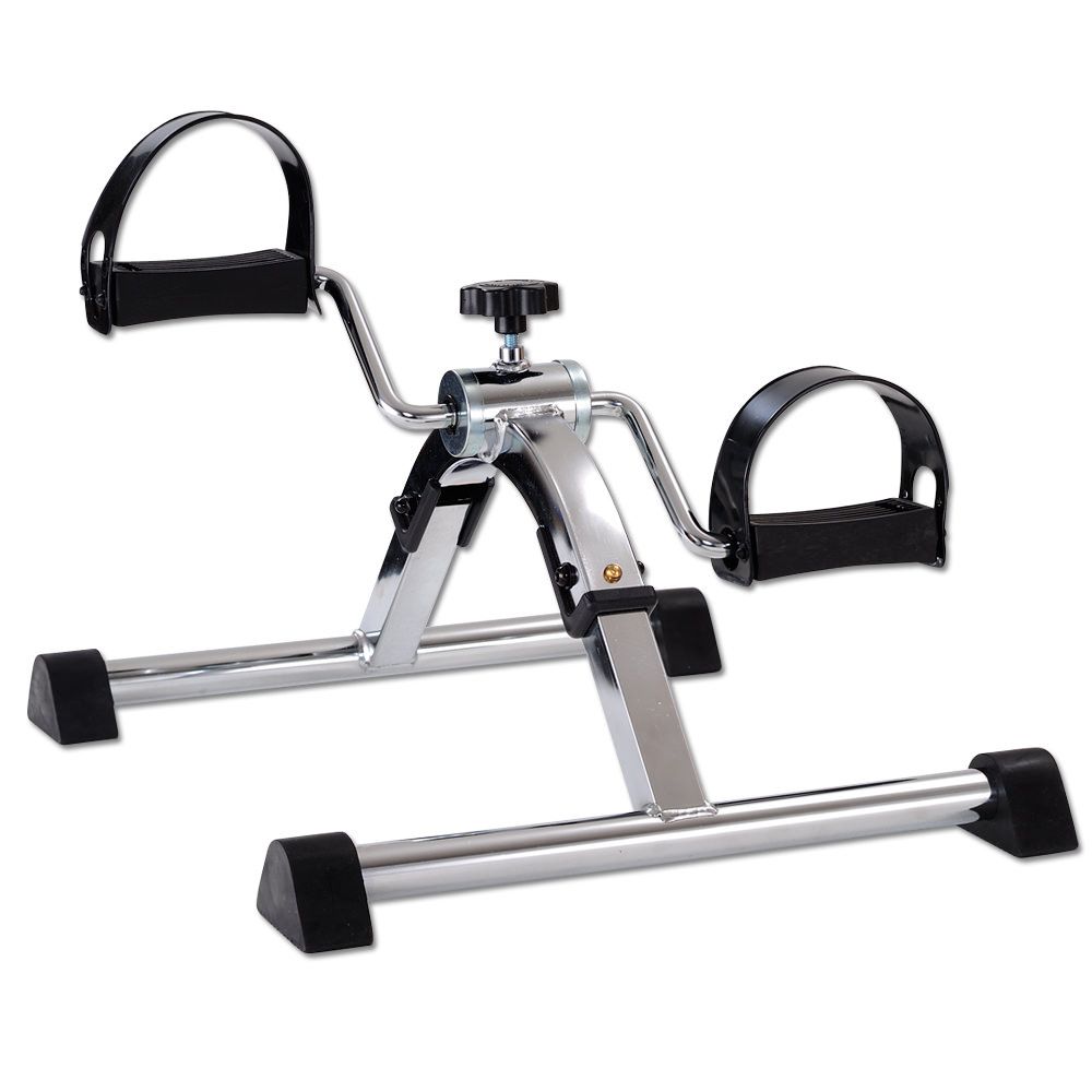Faltbarer Pedaltrainer aus Metall mit schwarzen Pedalen und Fußstützen. Verstellbarem Widerstand.