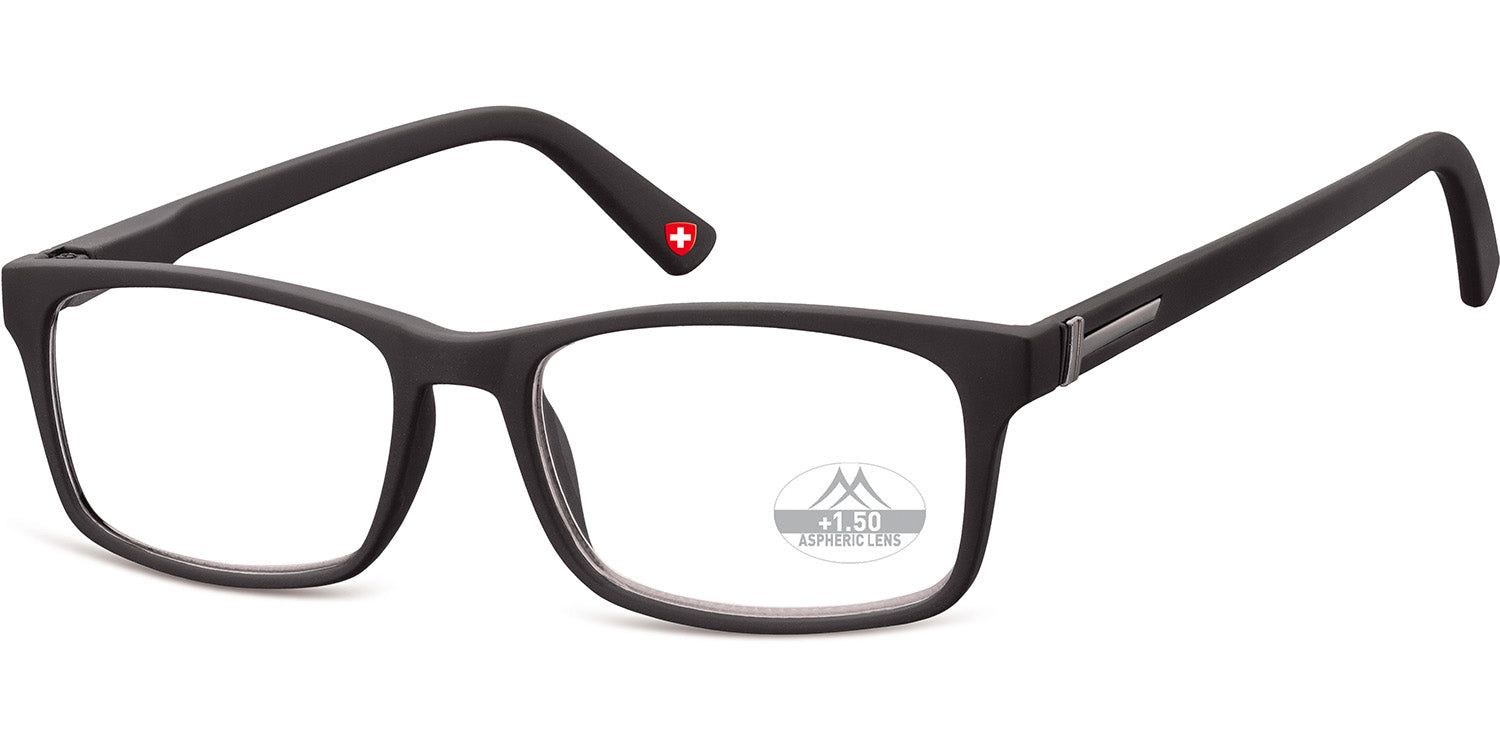 Schwarze Brille mit rechteckigen Gläsern. Auf dem rechten Bügel ein rotes Kreuz. Auf dem Glas steht +1.50.