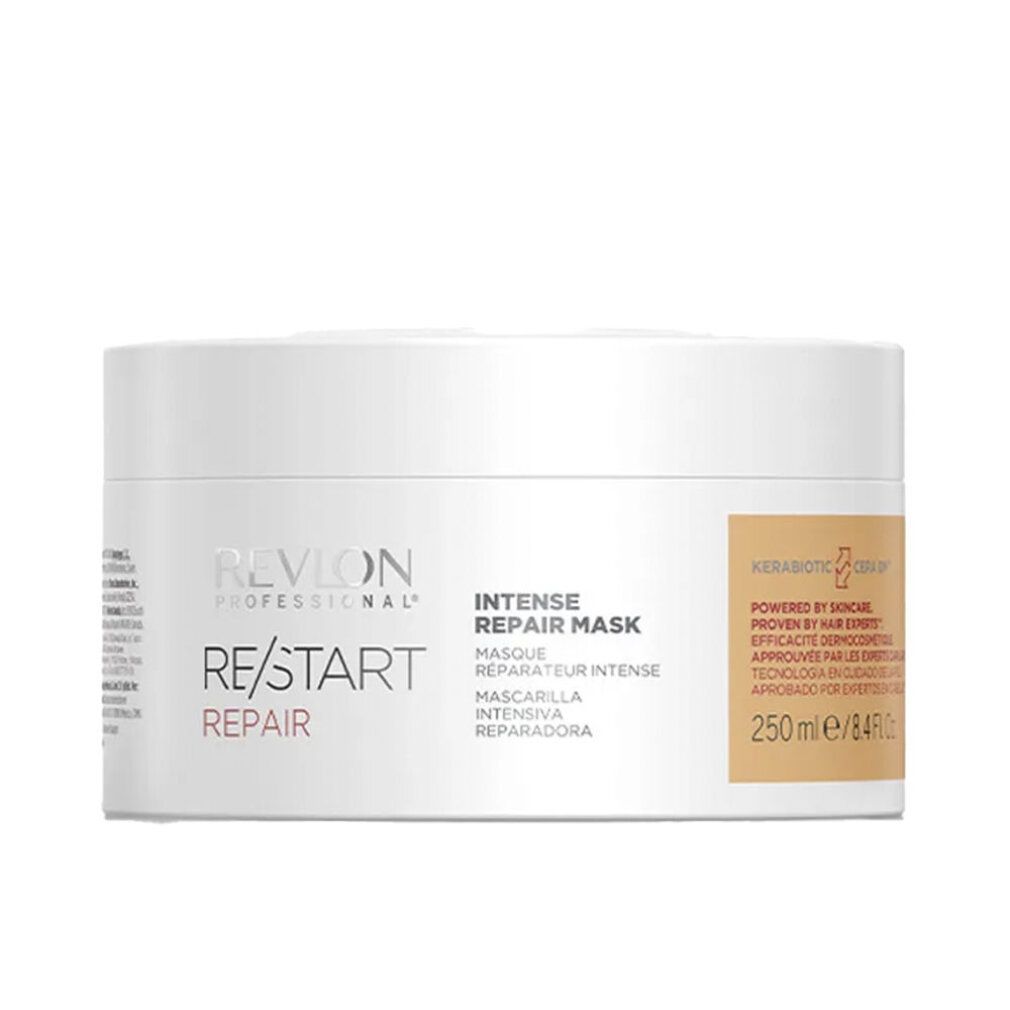 Weiße Dose mit Produktaufdruck. Text: Revlon Professional, Re/Start Repair, Intense Repair Mask. Orangefarbener Aufkleber mit Text.