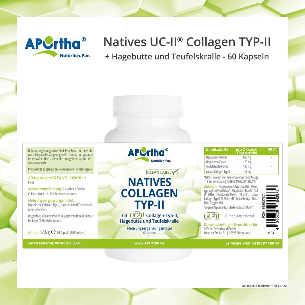 Weiße Flasche mit Etikett: Natives Collagen Typ-II, Hagebutte und Teufelskralle. Nährwertangaben. Clean Label.