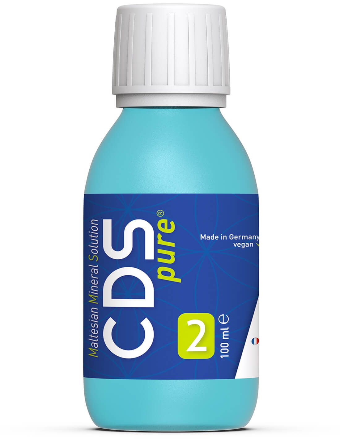Türkisblaue Flasche mit weißem Deckel. Etikett mit CDS pure, 2, 100 ml und Maltesian Mineral Solution. Made in Germany.