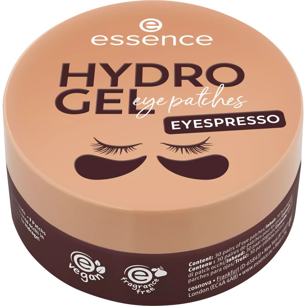 Runder Behälter mit Essence Hydro Gel Augen-Patches, Sorte 'Eyespresso'. Enthält 30 Paar Patches. Vegan und parfümfrei.