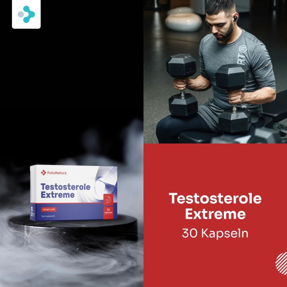 Produktverpackung "FutuNatura Testosterole Extreme" neben einem Mann, der Gewichte hebt. 30 Kapseln.