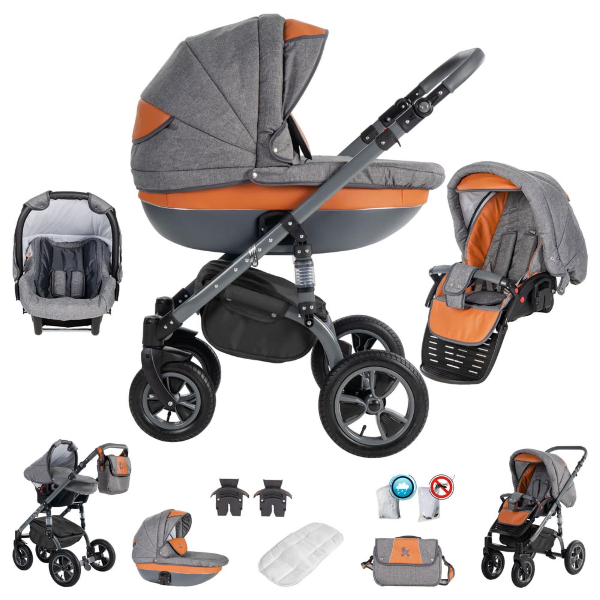 Kinderwagen-Set, grau-orange. Enthält Babywanne, Sportsitz, Babyschale, Zubehör. Luftreifen, schwarzes Gestell.