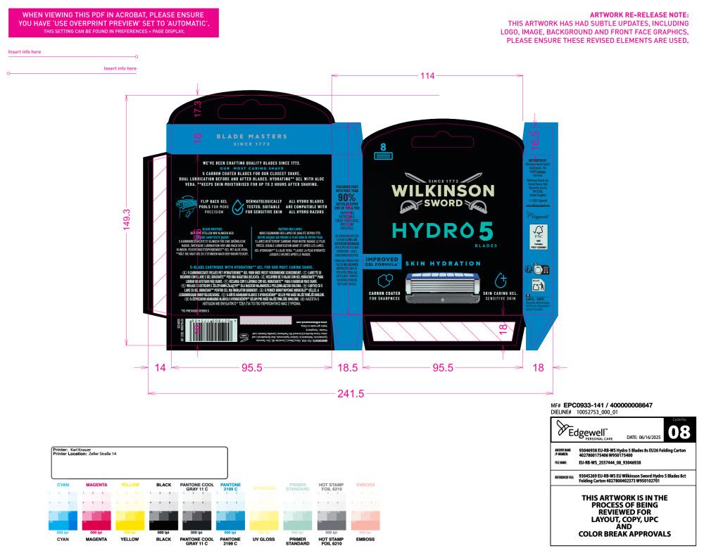 Verpackung mit 8 Wilkinson Sword Hydro 5 Rasierklingen-Nachfüllpackungen.