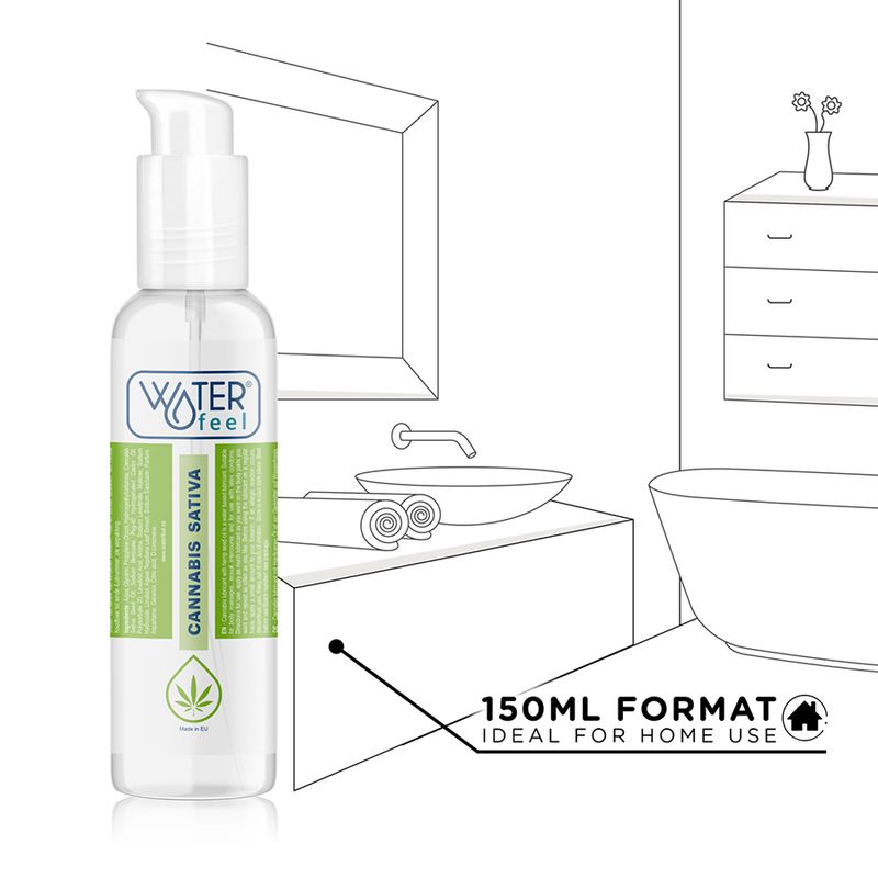 Flasche mit Sprühkopf vor einer Badezimmer-Skizze. Aufschrift: Waterfeel, Cannabis Sativa, 150ml Format. Ideal für den Hausgebrauch.