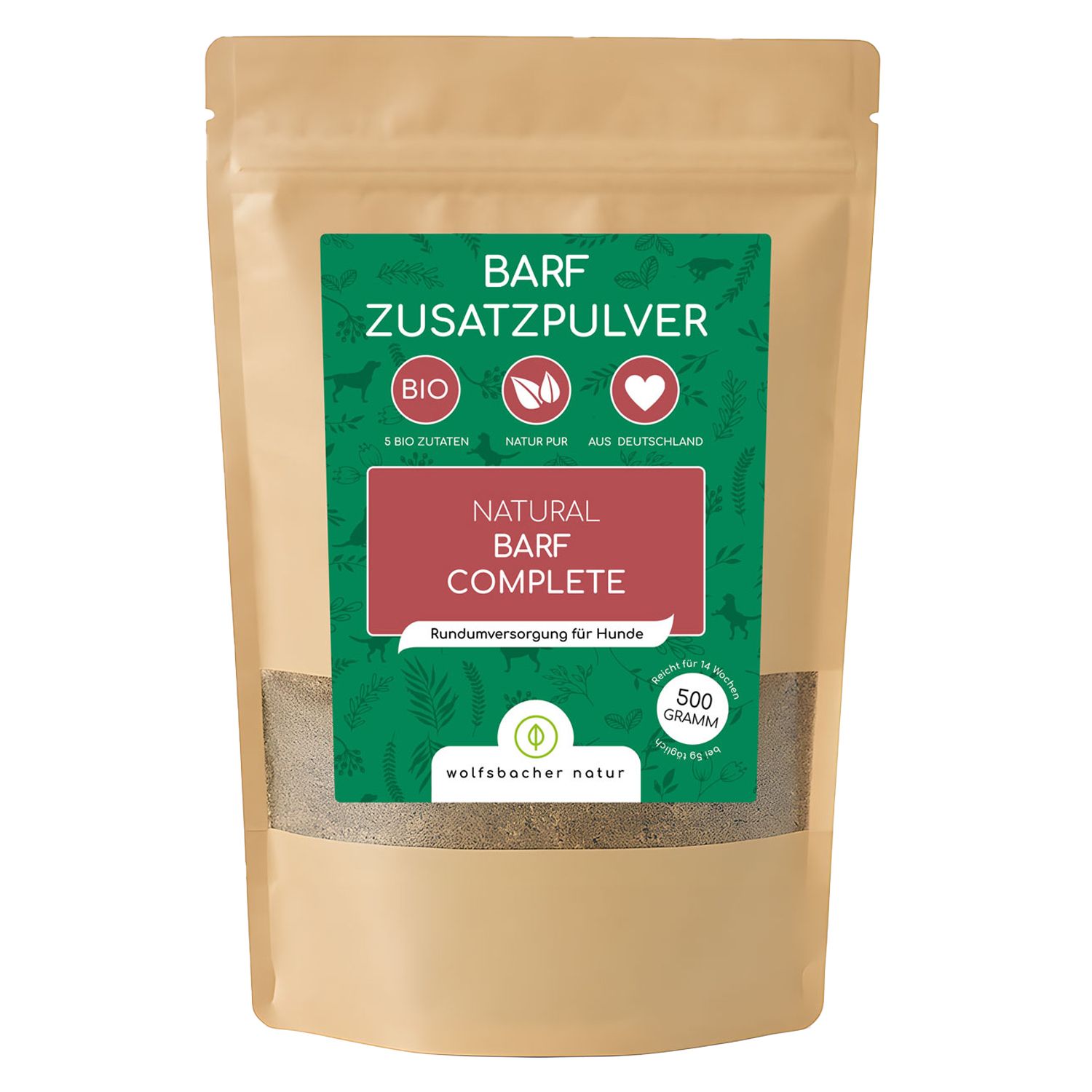 Beutel mit BARF Complete Pulver. Aufschrift: BARF Zusatzpulver, Natural BARF Complete, 500 Gramm. Bio-Zutaten, Natur aus Deutschland.