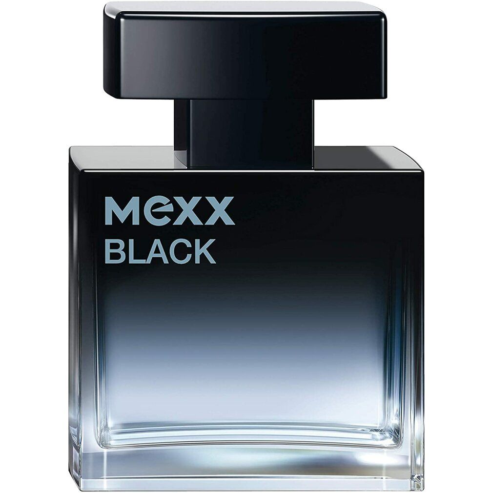 Schwarzer Flakon mit quadratischem Design und schwarzem Deckel. Aufschrift "MEXX BLACK" in hellblauer Schrift.