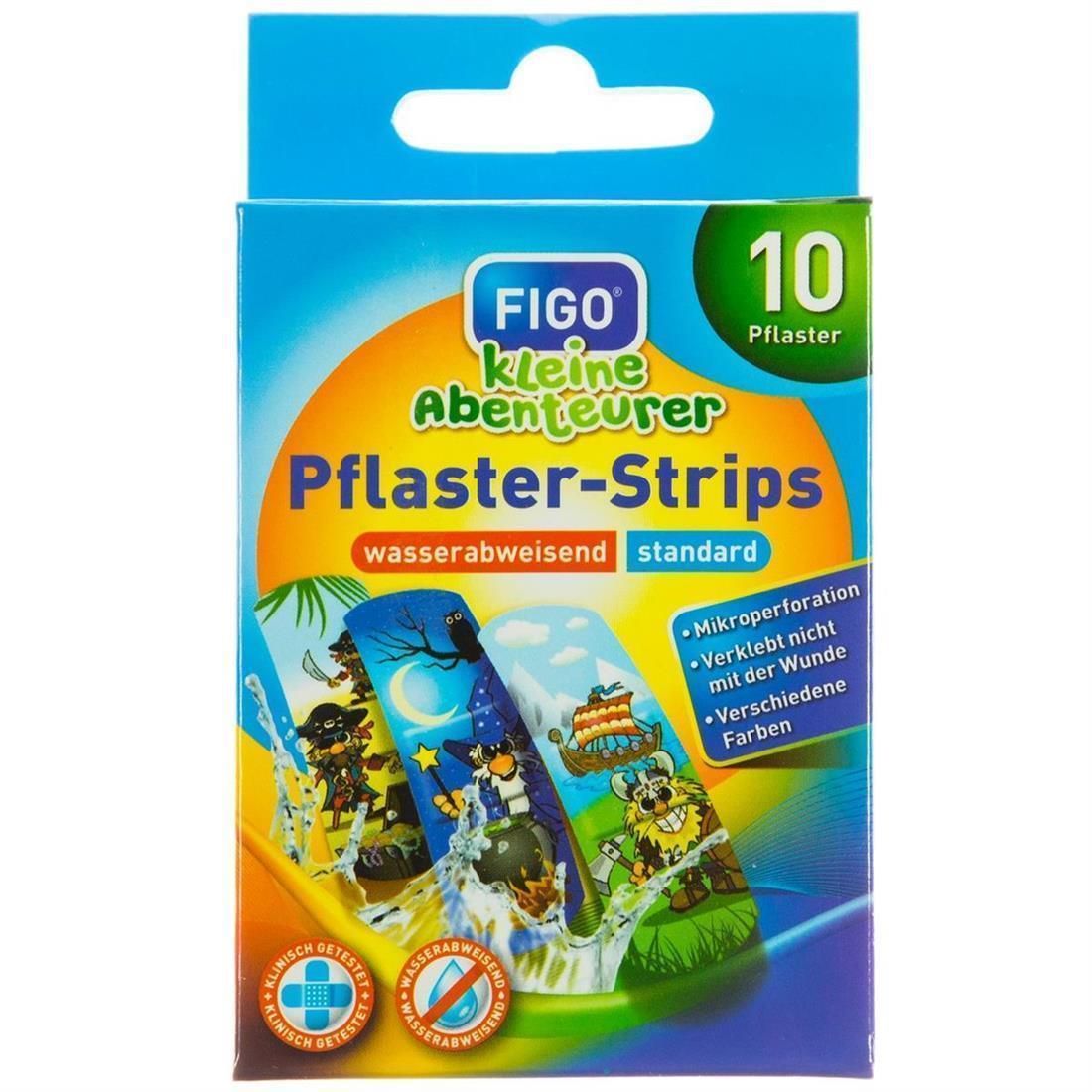 Blaue Packung FIGO Kleine Abenteurer Pflaster-Strips. Enthält 10 Pflaster. Verpackung mit Illustrationen von Piraten und Produktinformationen.