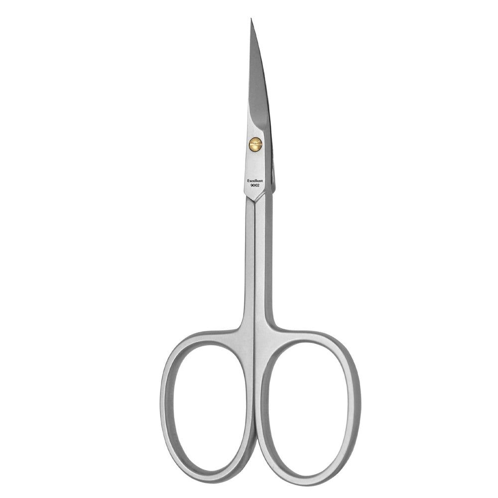 Gebogene Hautschere aus Metall. Mit runden Griffen und spitzer Spitze. Auf dem Scherenblatt ist ein goldfarbener Niet sichtbar.