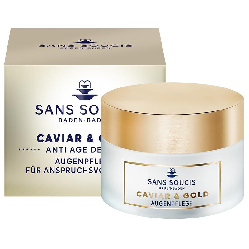 Creme-Tiegel und Verpackung. Aufschrift: Sans Soucis, Caviar & Gold Augenpflege. Goldfarbener Deckel, weißes Glas. Karton mit Logo und Text.