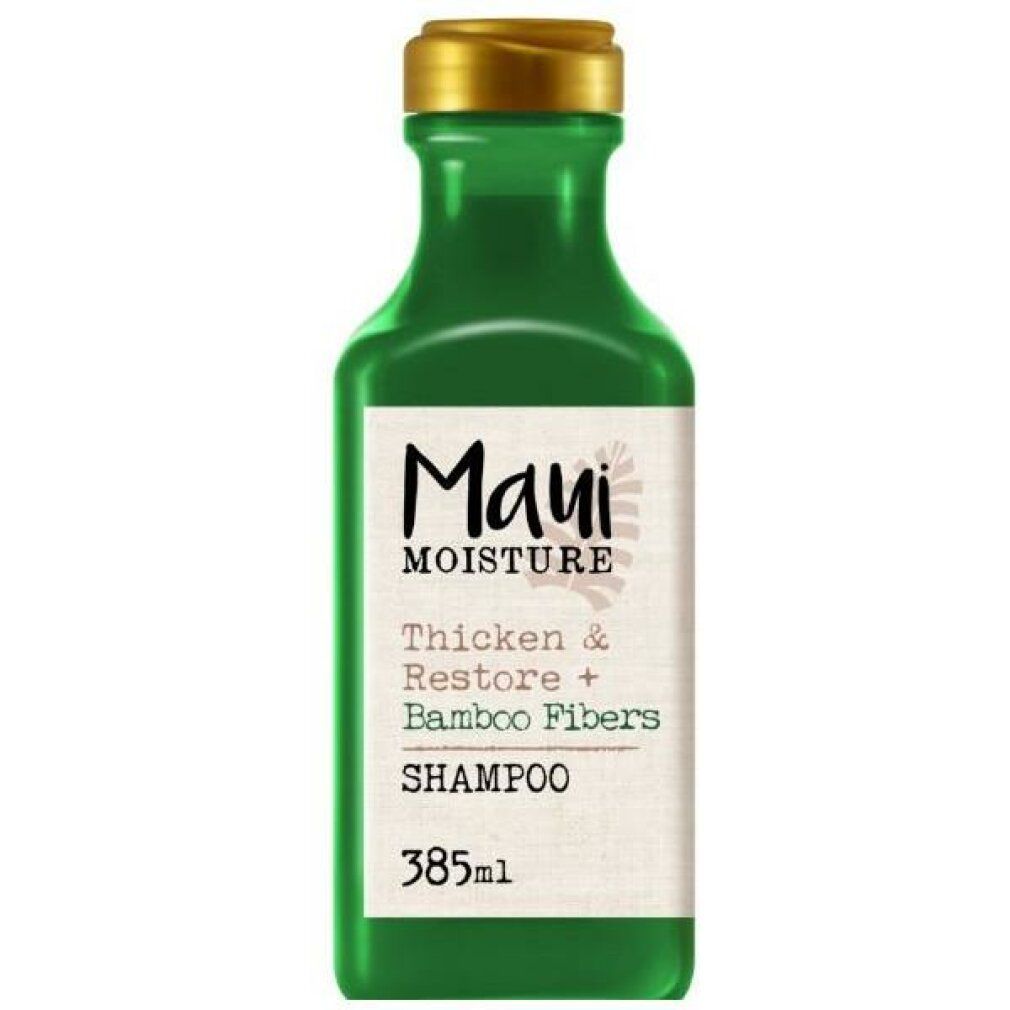 Grüne Shampoo-Flasche mit goldfarbenem Deckel. Etikett mit Produktnamen und Inhaltsstoffen. Volumen: 385 ml.