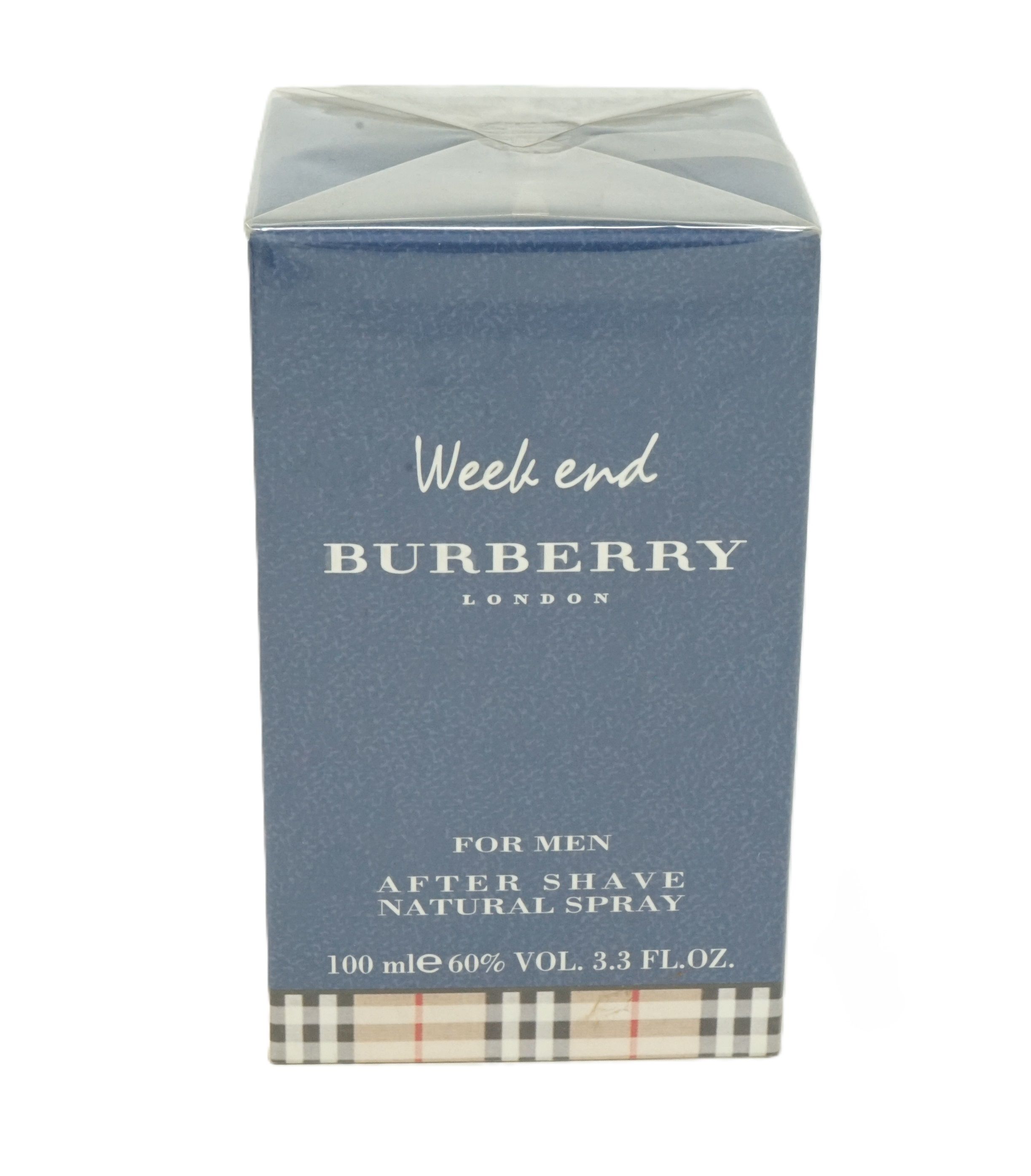 Blau-graue rechteckige Verpackung. Aufschrift: Weekend, Burberry London, For Men, After Shave Natural Spray. Unterseite mit Karomuster.