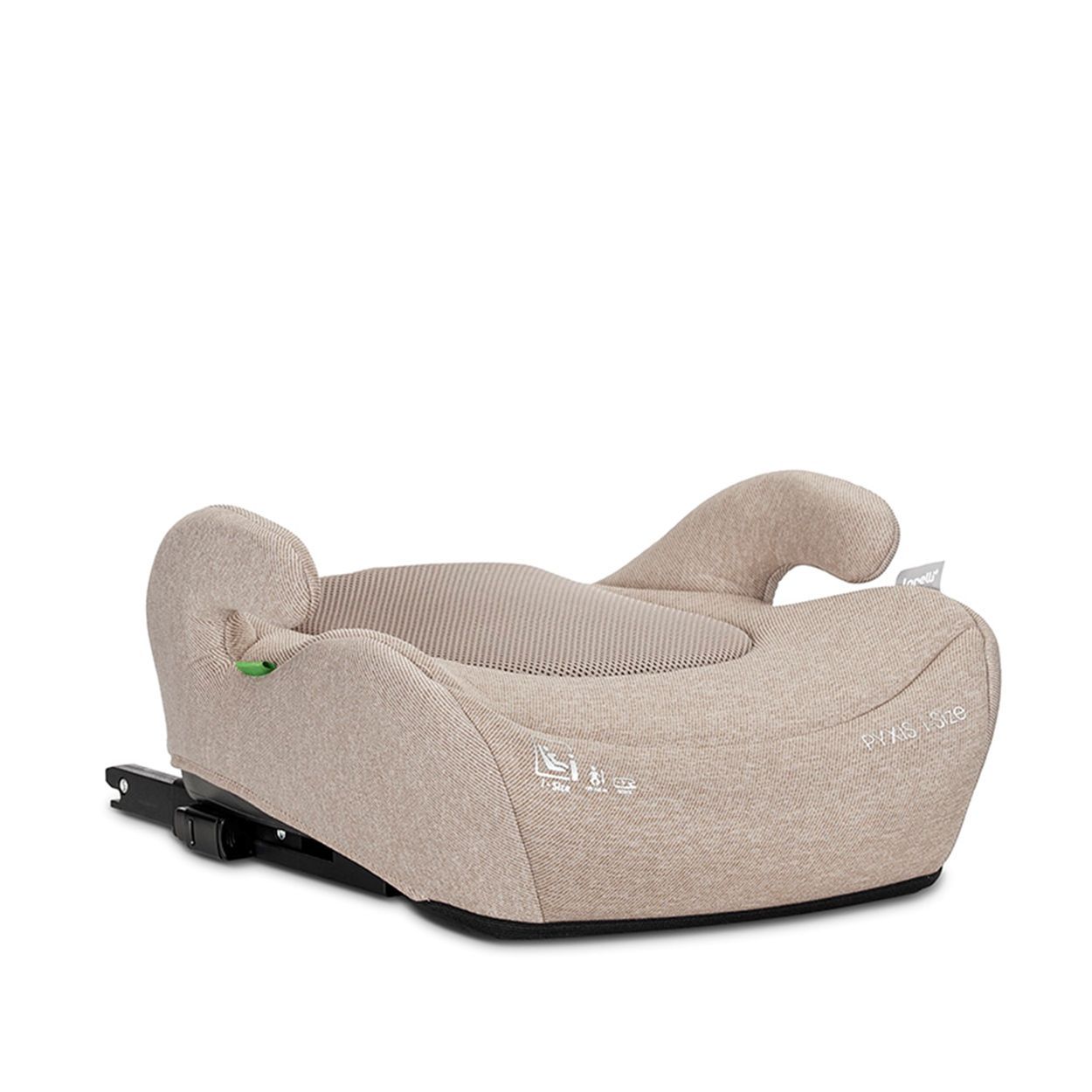 Beiger Kindersitz-Booster mit Kopfstütze und i-Size-Logo.