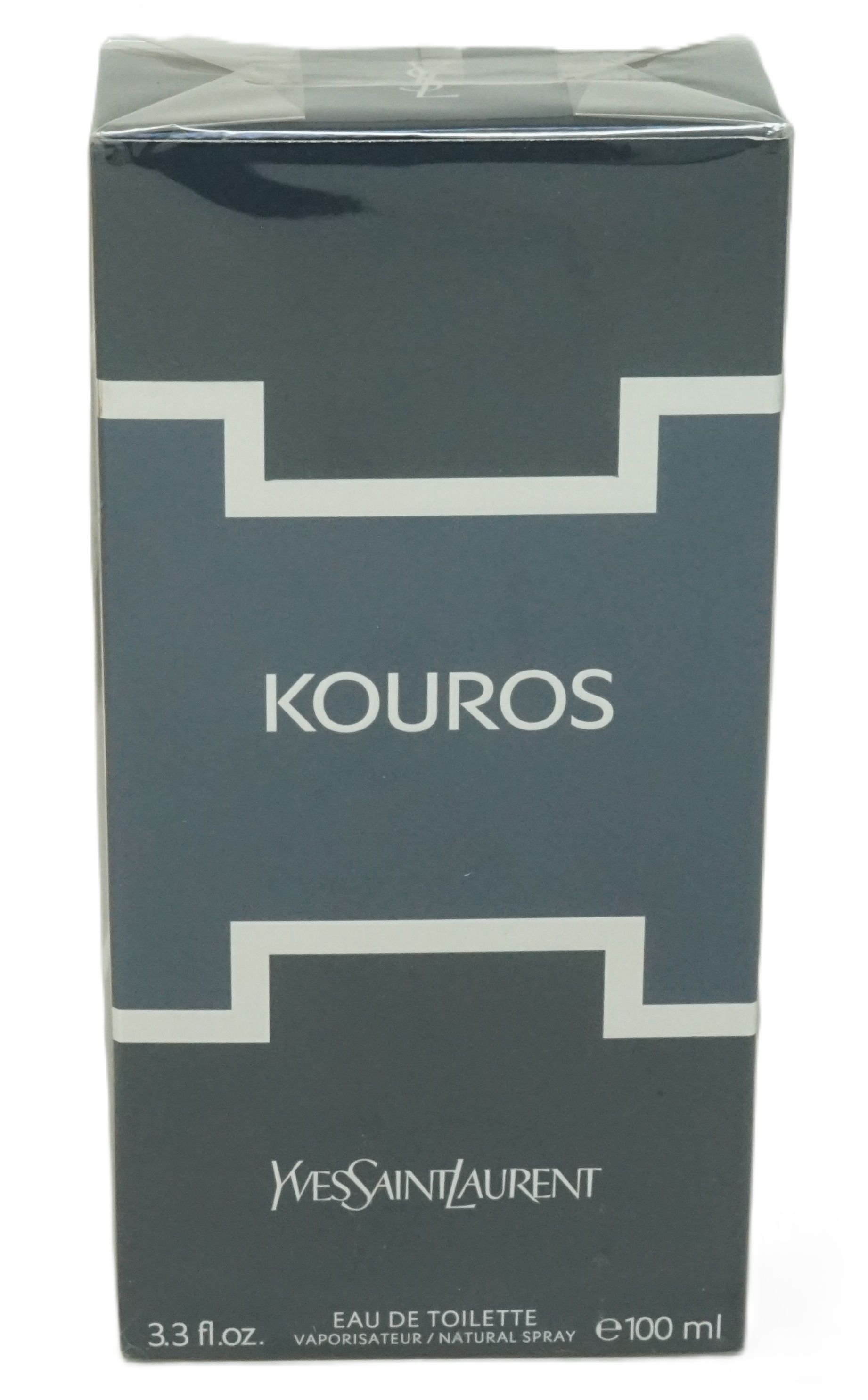 Dunkelblaue Verpackung mit weißem "KOUROS"-Schriftzug. Yves Saint Laurent Logo unten. "Eau de Toilette".