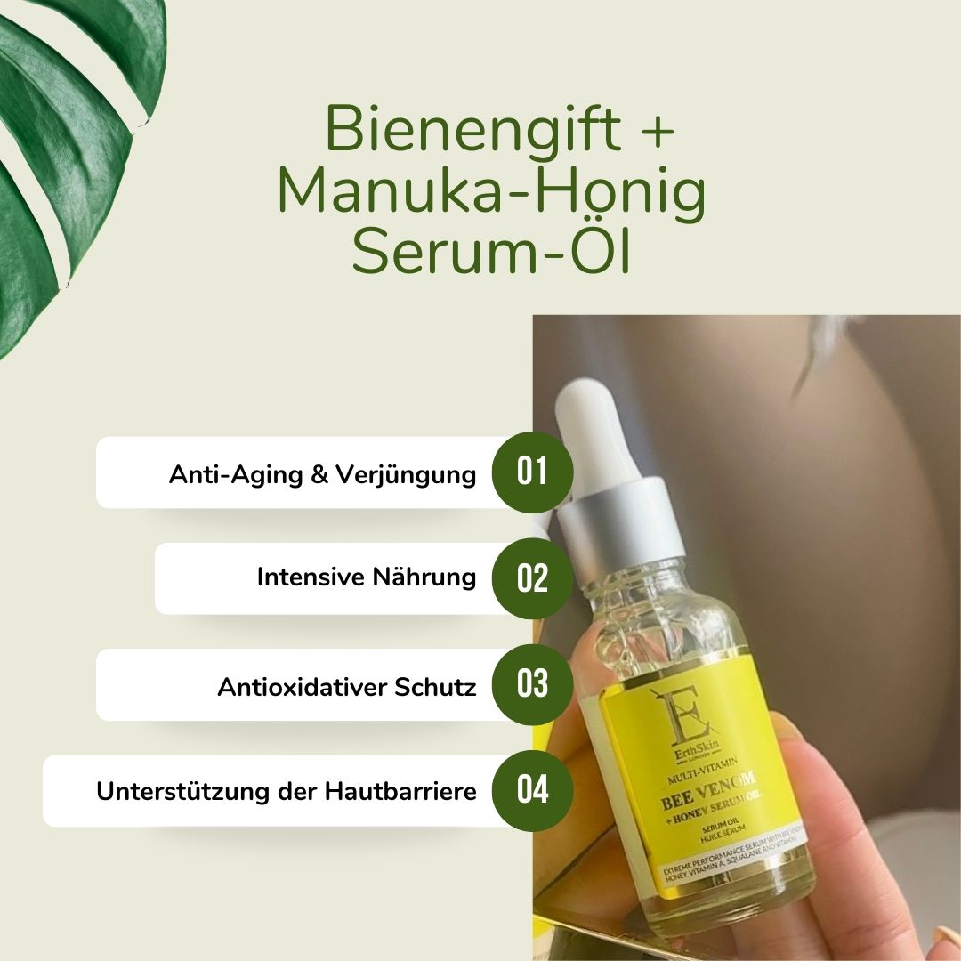Productfles met tekst: Bijnengif + Manuka-Honing Serum-Olie. Vier tekstvakken met beschrijvingen. Hand houdt fles vast.