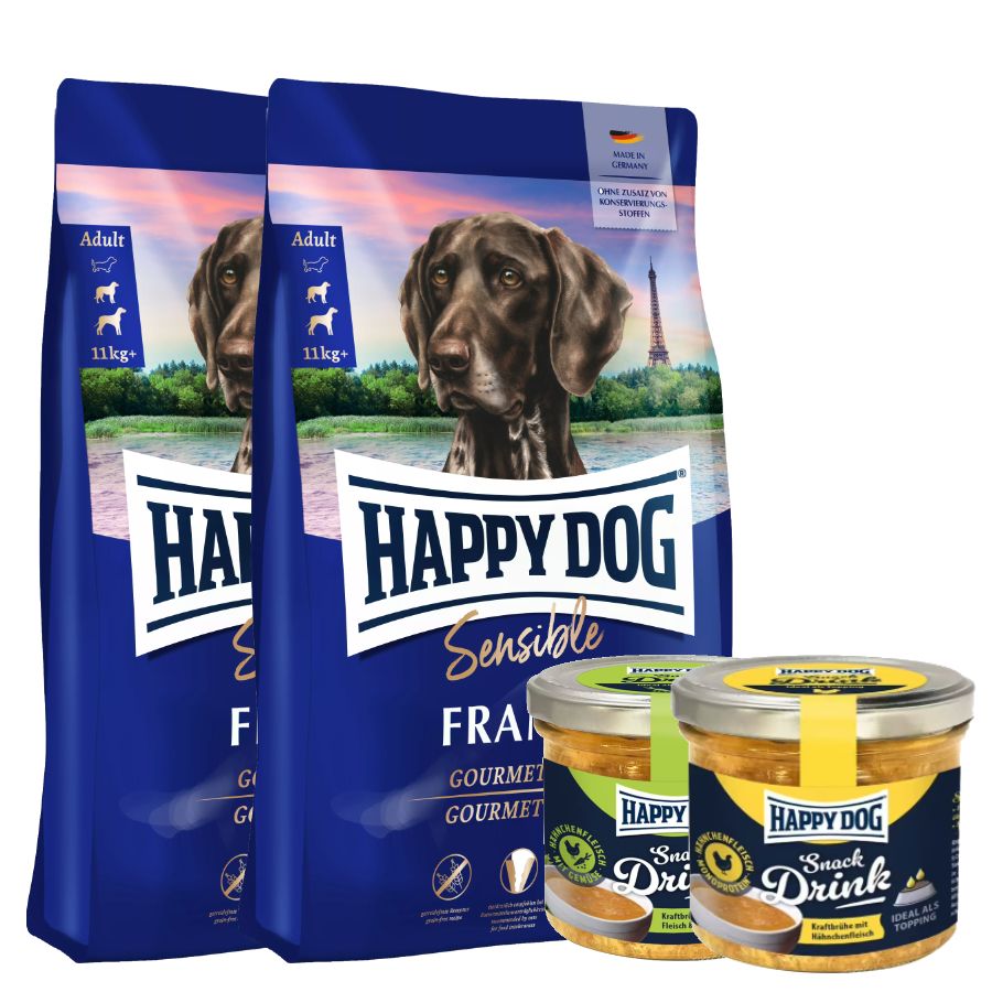 Happy Dog Sensible France Doppelpack + Snack Drink 22,56 kg