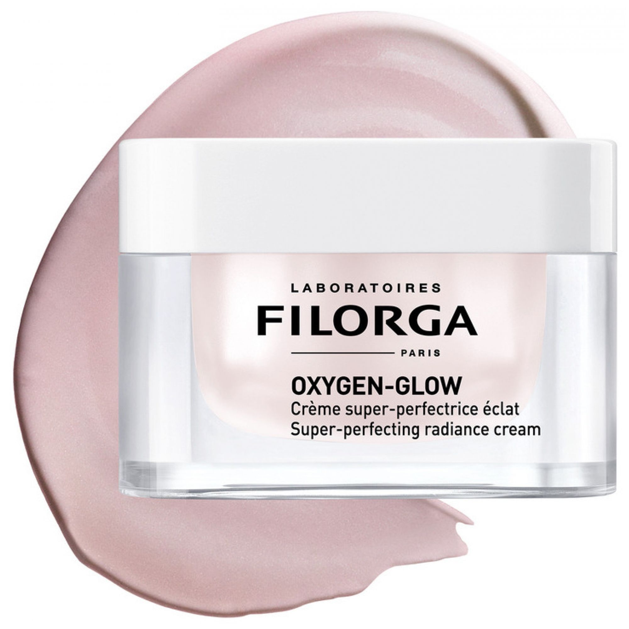 Filorga Oxygen-Glow Super-Perfecting Radiance Cream in einem transparenten Tiegel.