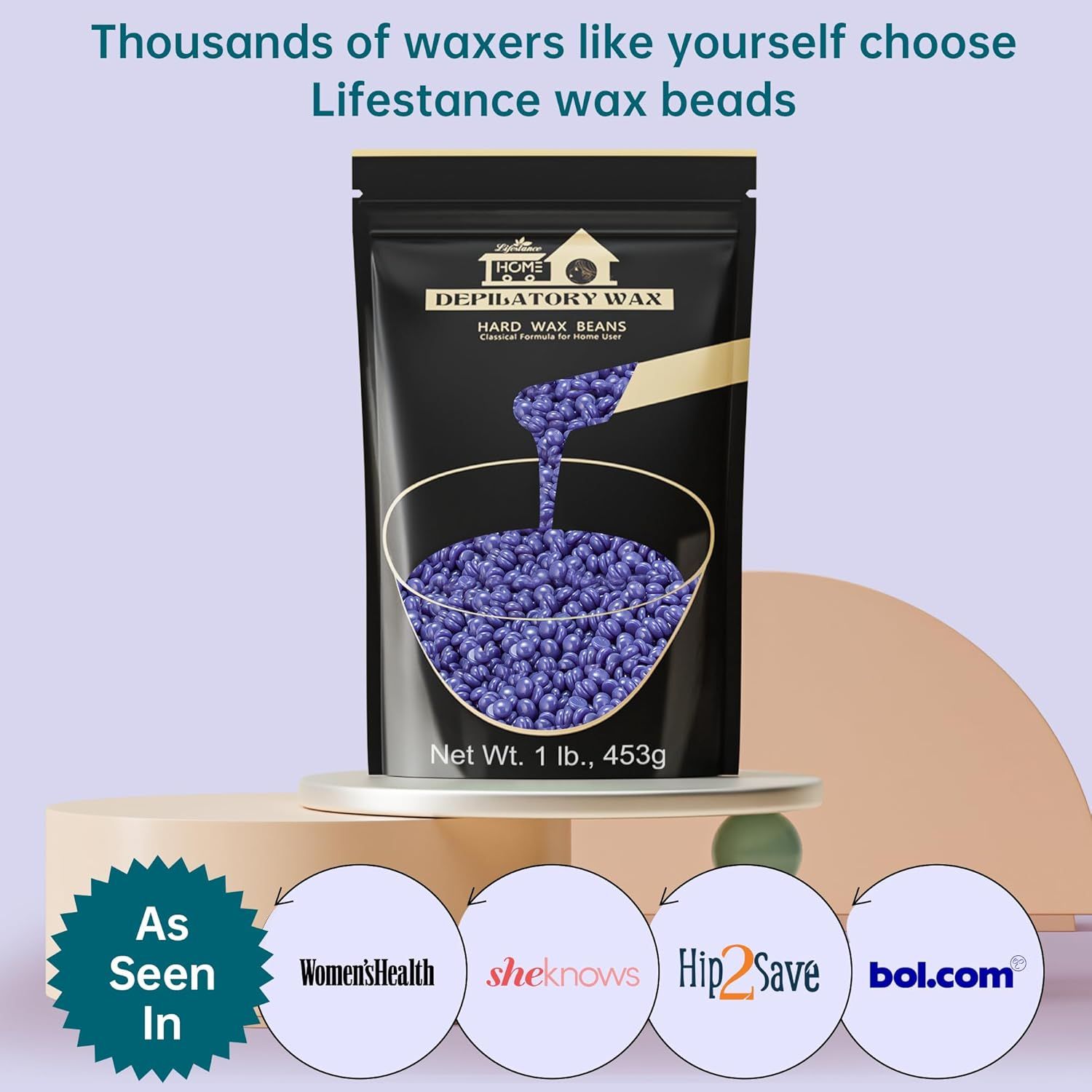 Beutel mit blauen Wachsperlen. Text: Lifestance, Depilatory Wax, Hard Wax Beans. Erwähnt: Women's Health, sheknows, Hip2Save, bol.com.