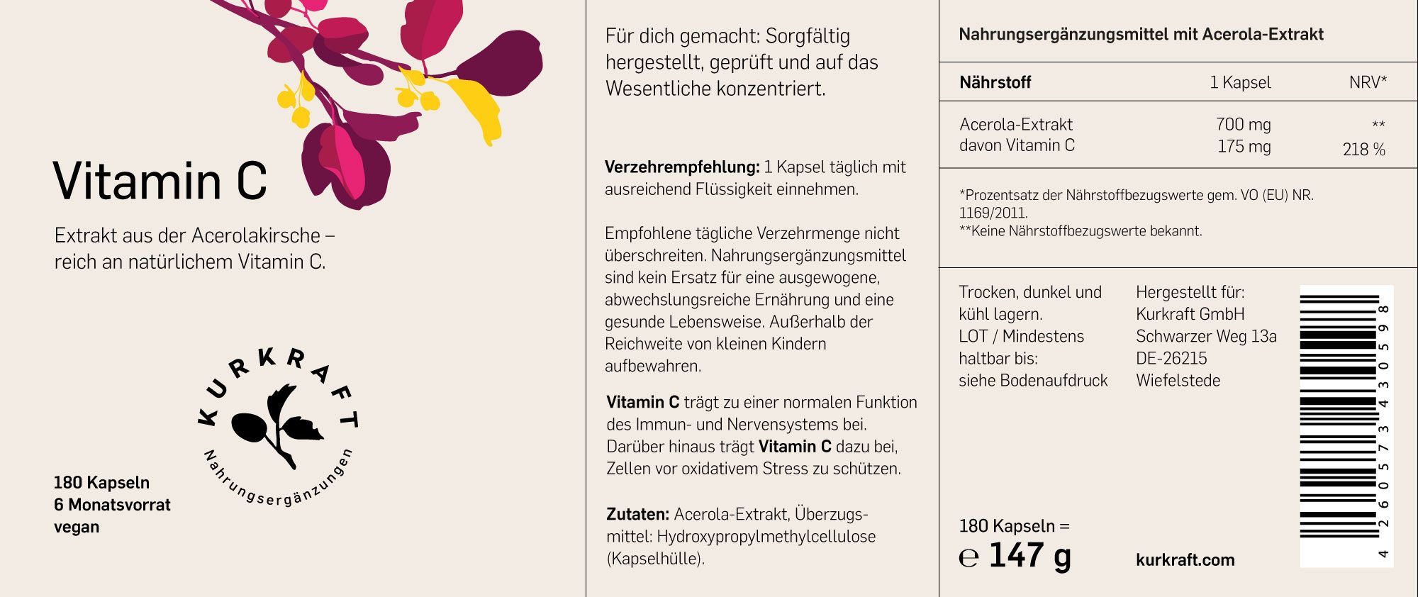 Etikett einer Kurkraft Vitamin C Flasche mit Nährwertangaben und Produktinformationen.