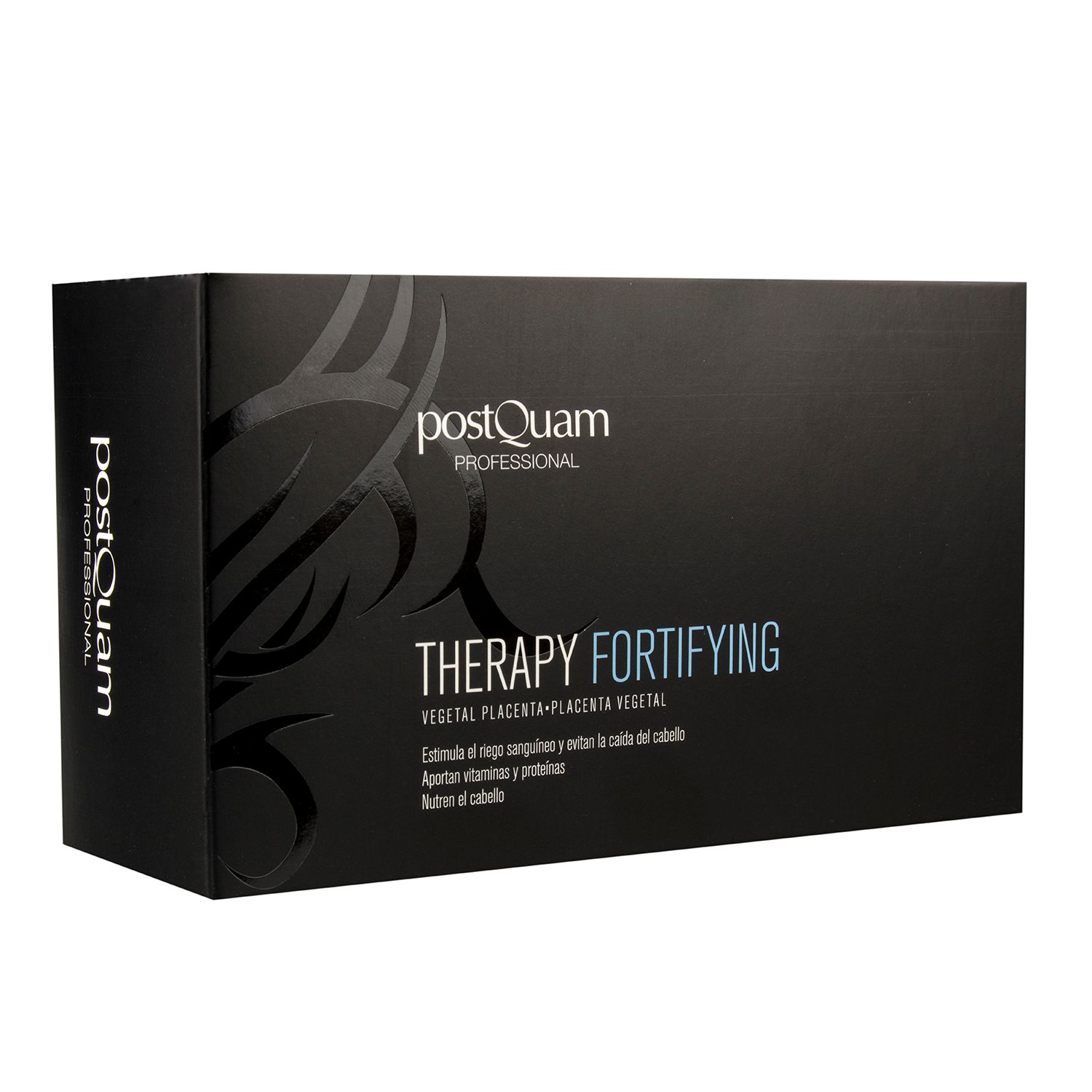 Schwarze Produktverpackung mit weißem "postQuam"-Logo. "THERAPY FORTIFYING"-Text. Pflanzliche Plazenta. Schwarzes Design.