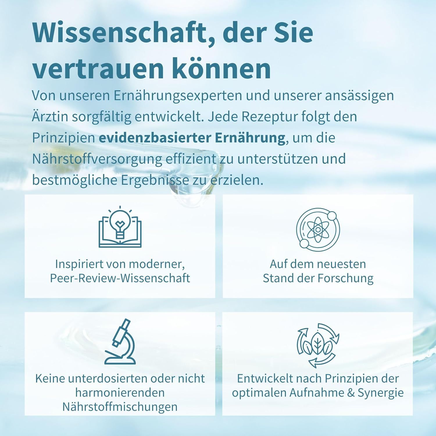 Infografik mit vier Elementen. Text: Inspiriert von Wissenschaft, Auf dem neuesten Stand der Forschung, Keine Unterdosierungen, Optimale Aufnahme & Synergie.