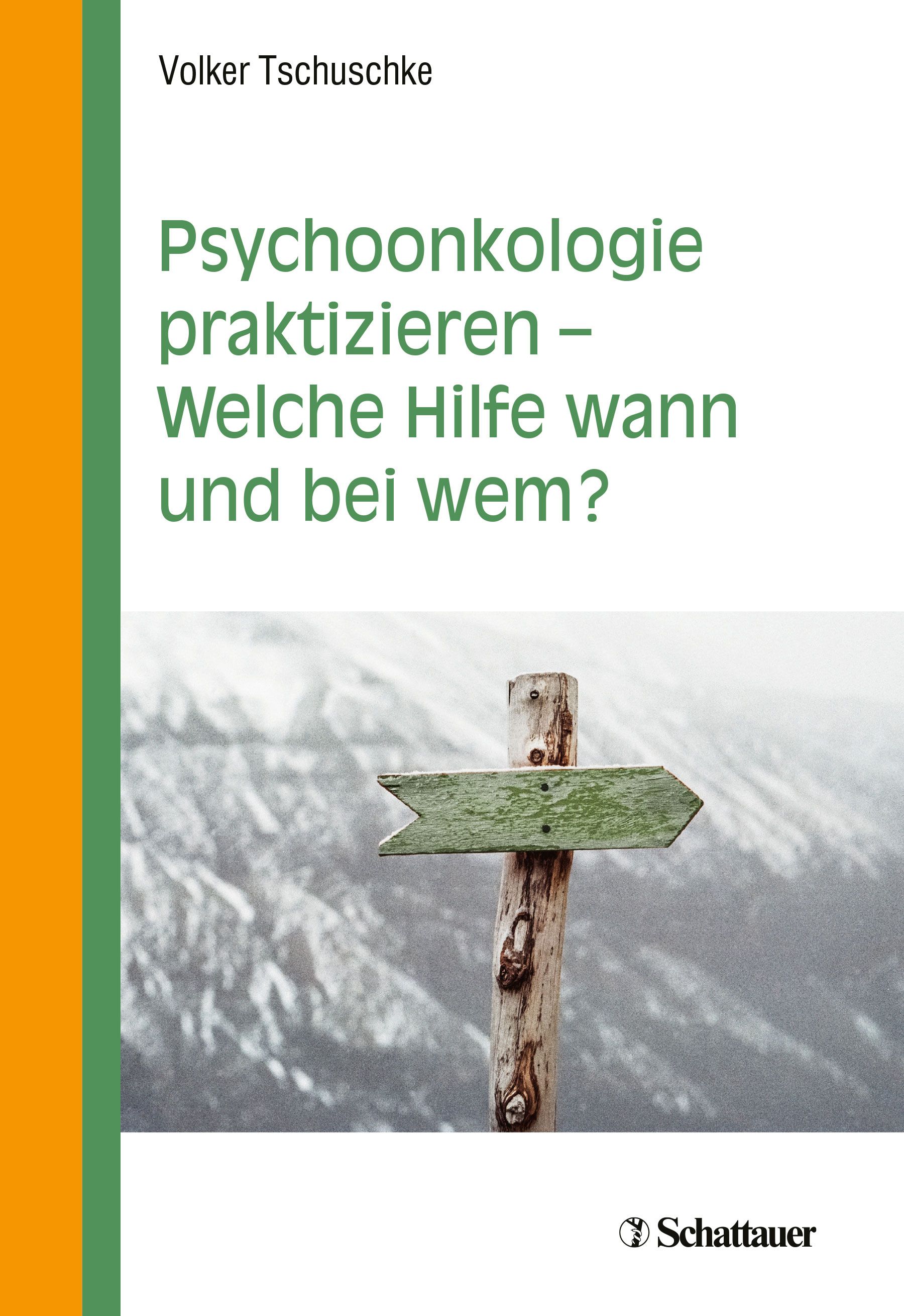 Buchcover: Psychoonkologie praktizieren. Titel und Autor Volker Tschuschke. Im Hintergrund Berge und ein Wegweiser.