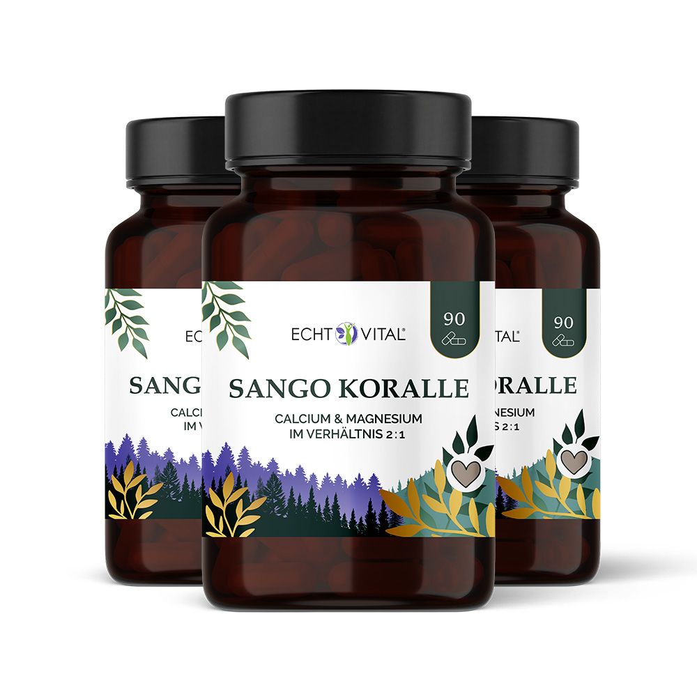 Drei braune Flaschen mit schwarzem Deckel. Aufschrift: Echt Vital Sango Koralle. Enthält Calcium & Magnesium im Verhältnis 2:1. 90 Kapseln.