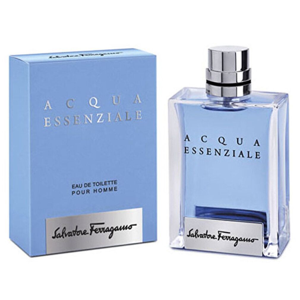 Hellblaue Schachtel und Glasflakon. ACQUA ESSENZIALE Schriftzug. Salvatore Ferragamo Logo. Silberner Verschluss.