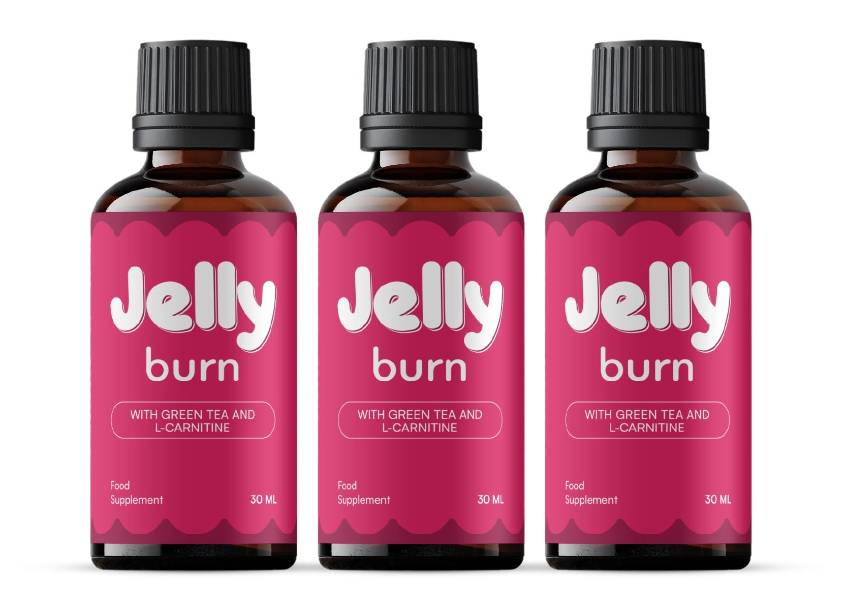 Drei braune Glasflaschen mit schwarzem Deckel, rosa Etikett mit weißer Schrift 'Jelly burn'.