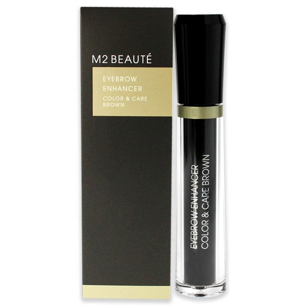 M2 Beauté Eyebrow Enhancer, braun, in Verpackung. Schwarze Tube mit schwarzem Deckel, daneben schwarze Schachtel mit Produktinformationen.