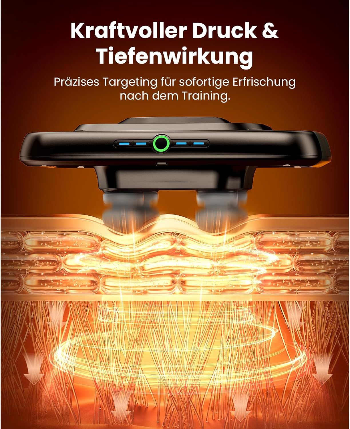 Massagegerät mit rotierenden Köpfen zur Tiefenwirkung auf Muskelgewebe.